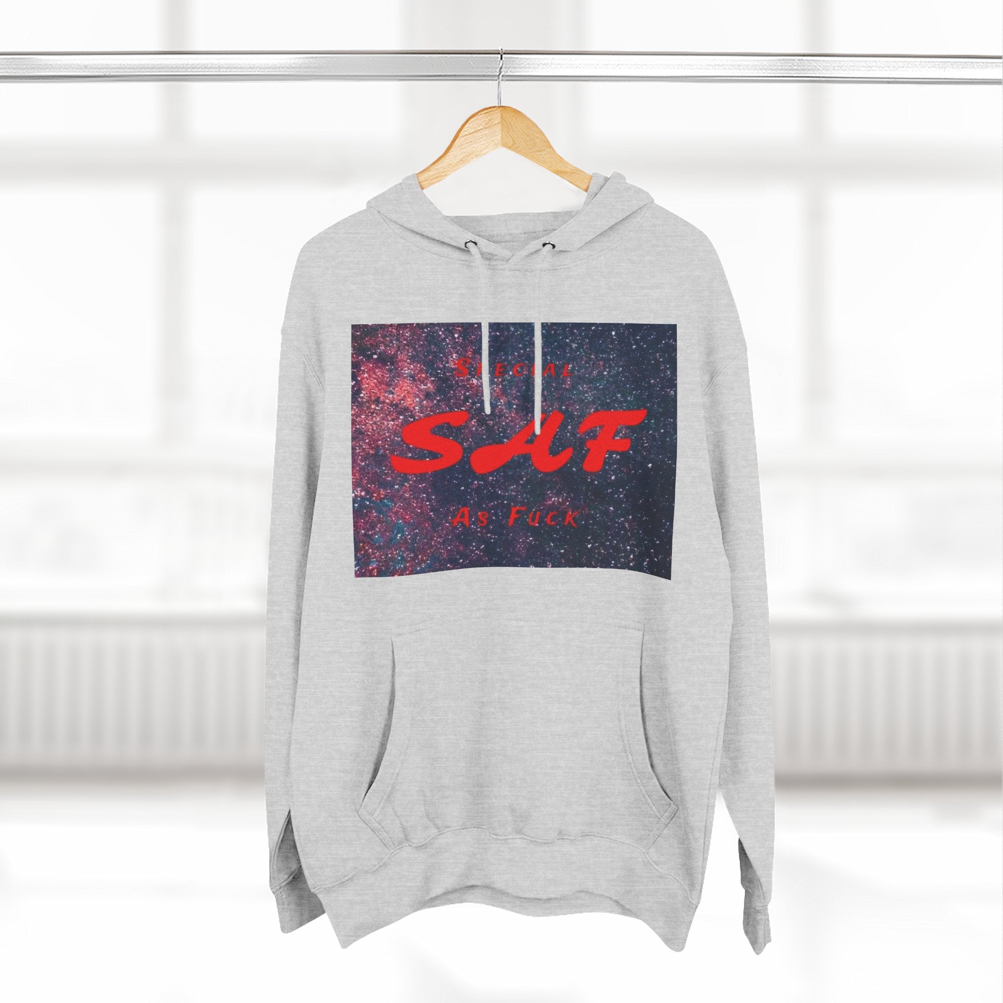 SAF Galaxy Panel Hoodie — Graphic Fleece Pullover with Red Script