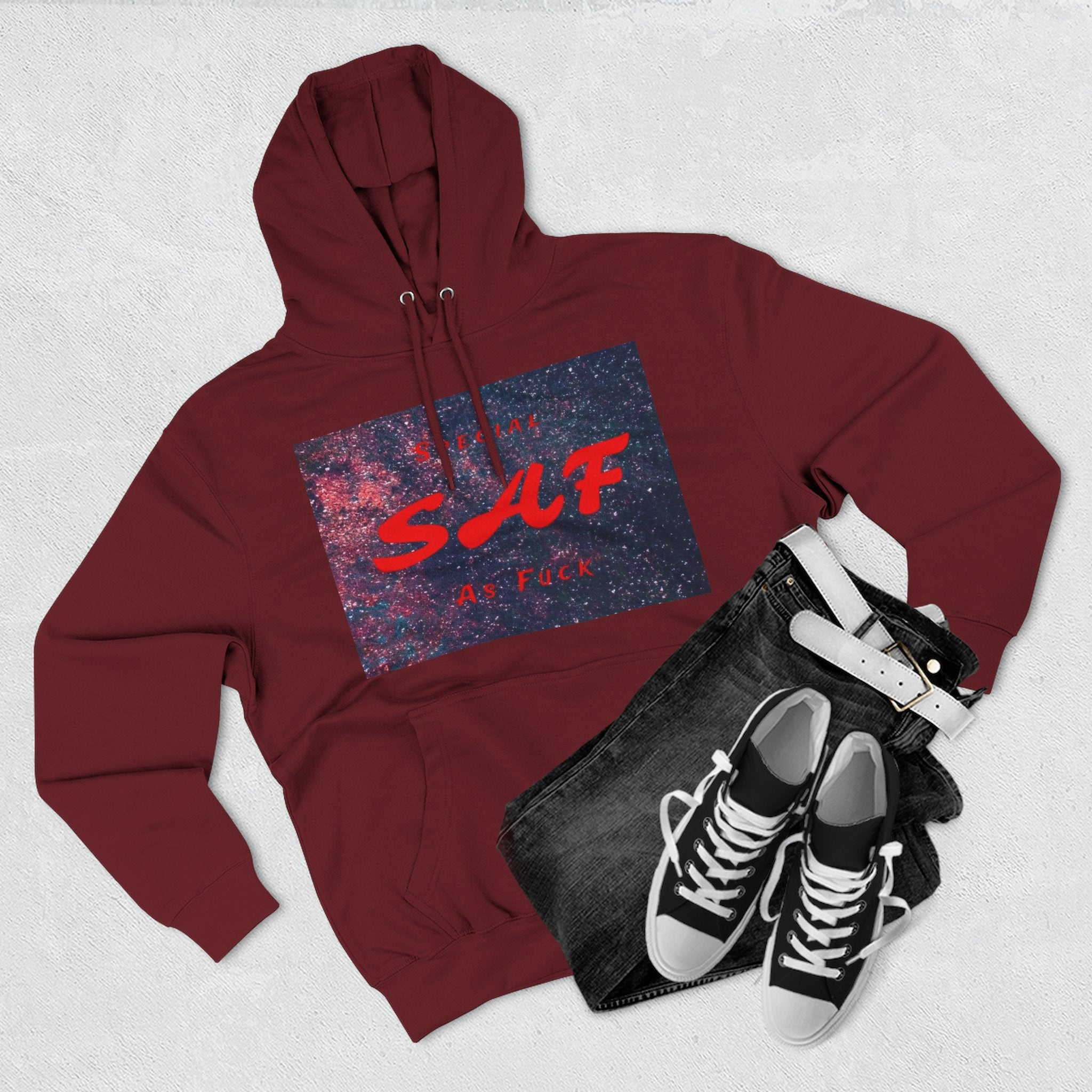 SAF Galaxy Panel Hoodie — Graphic Fleece Pullover with Red Script