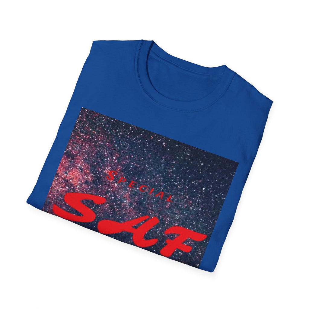 SAF Red Script Galaxy T-Shirt — Space Graphic Tee with 'SAF' Design