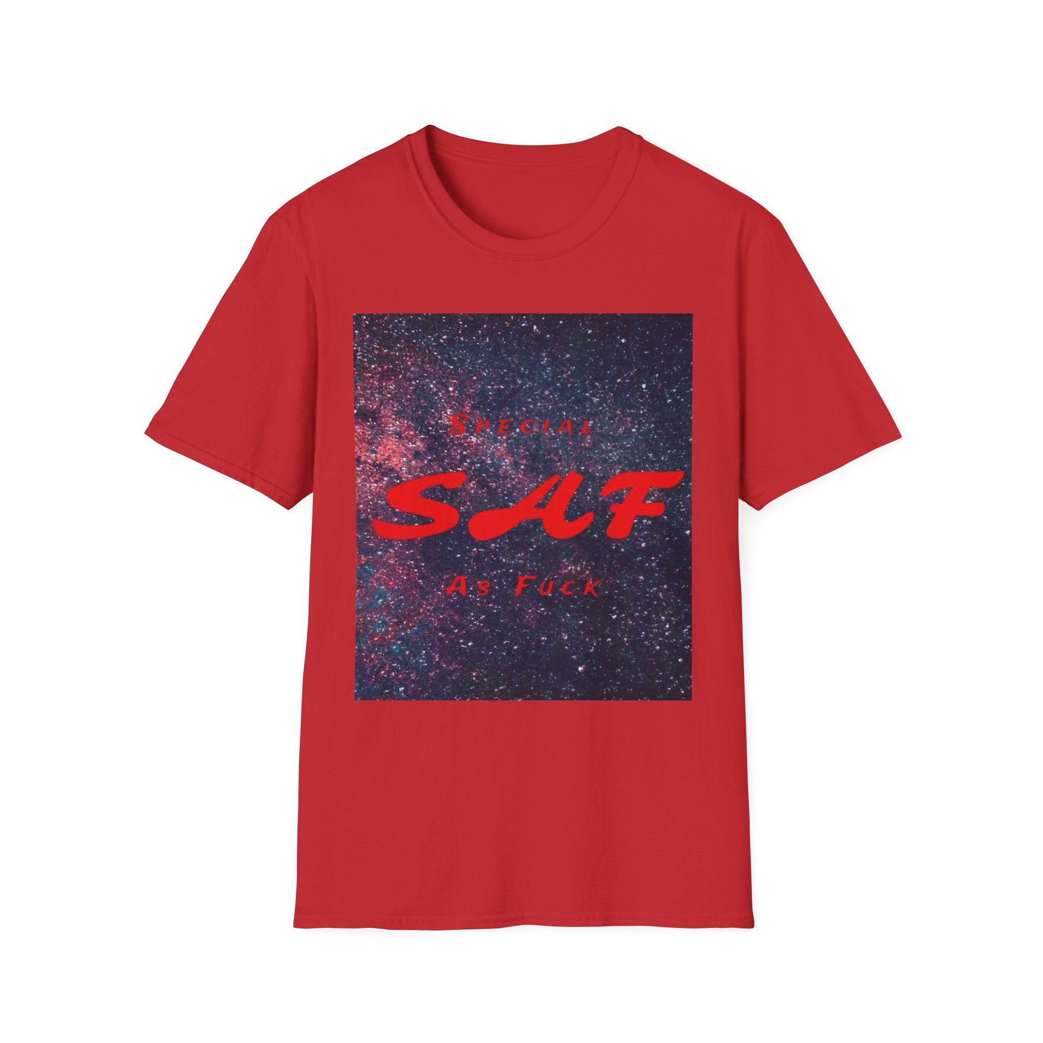 SAF Red Script Galaxy T-Shirt — Space Graphic Tee with 'SAF' Design