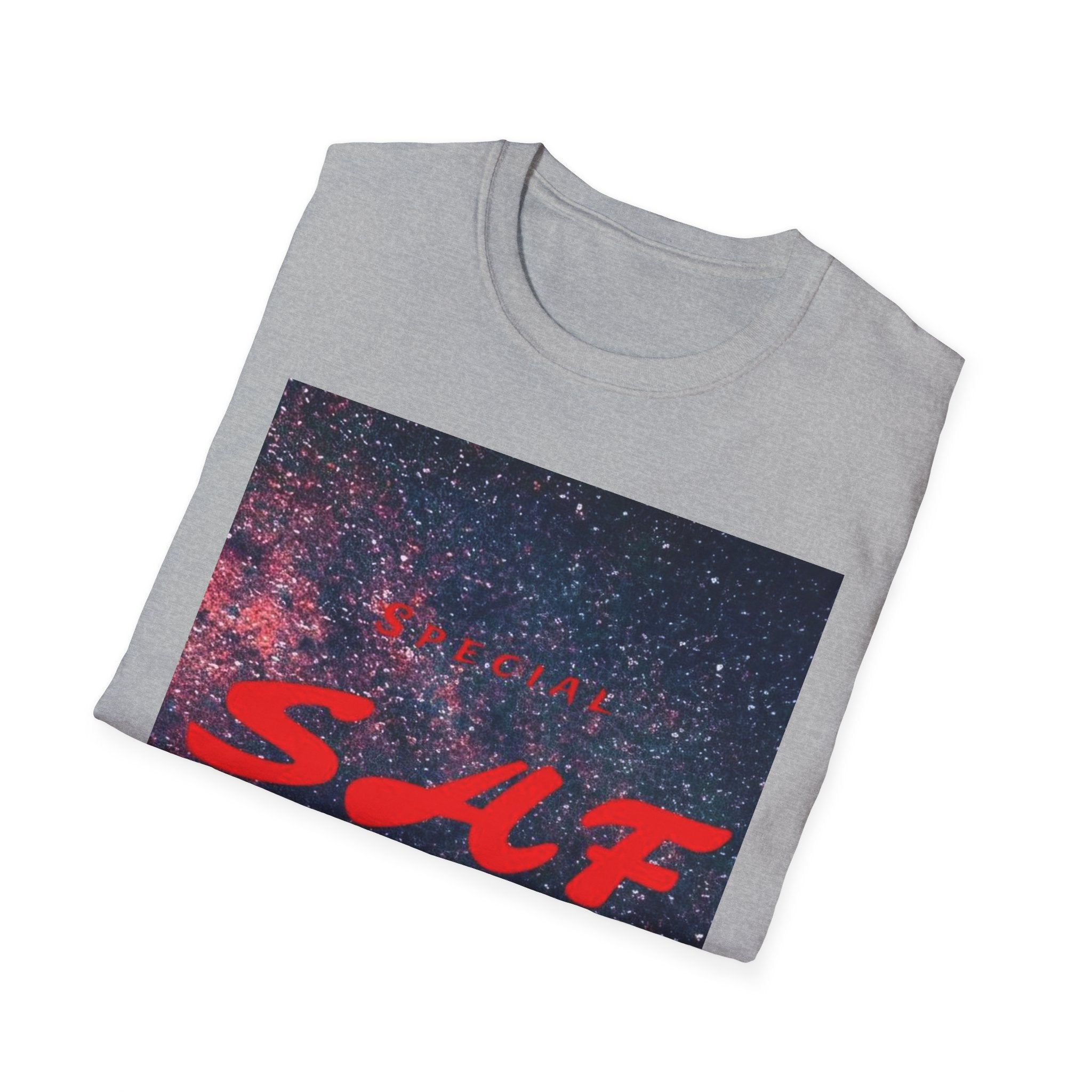 SAF Red Script Galaxy T-Shirt — Space Graphic Tee with 'SAF' Design