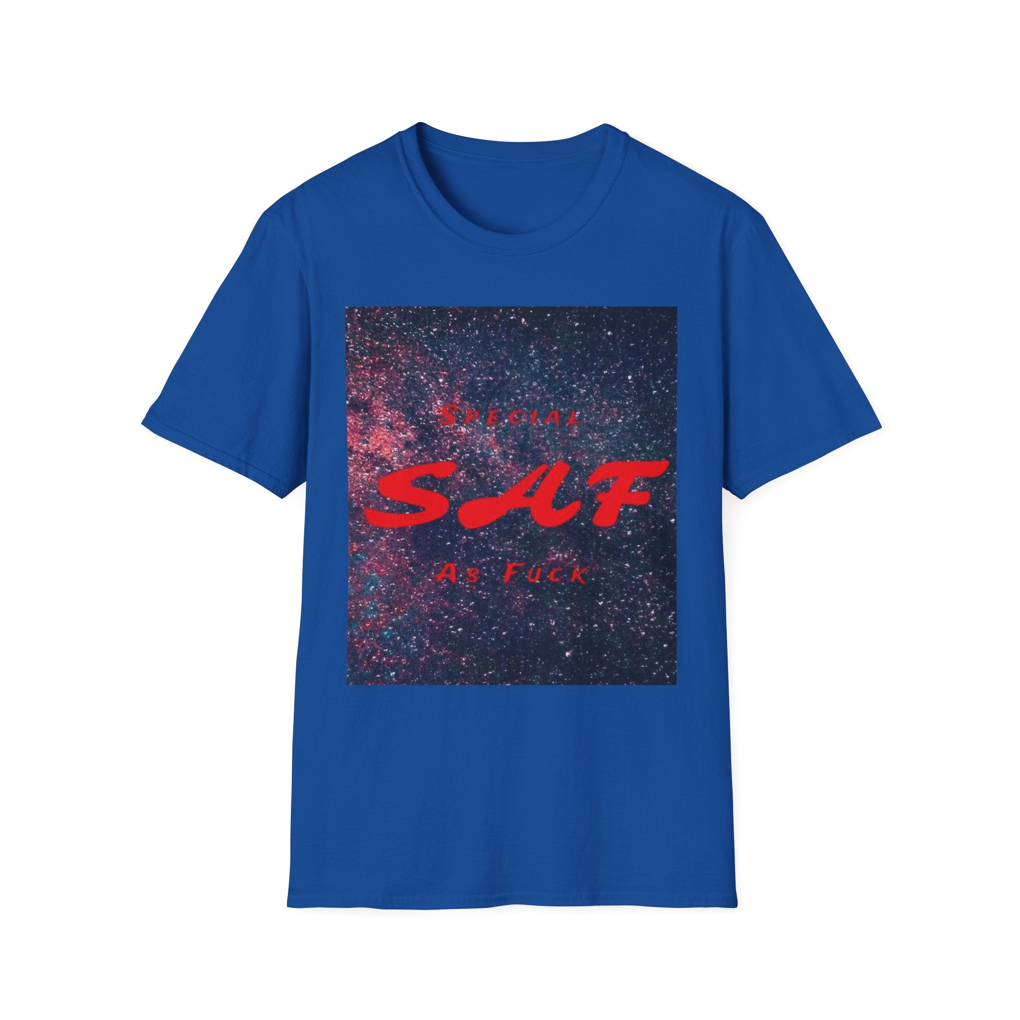 SAF Red Script Galaxy T-Shirt — Space Graphic Tee with 'SAF' Design