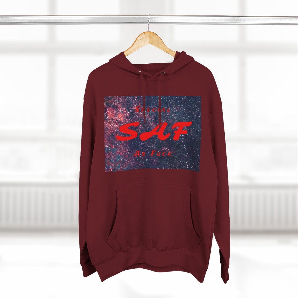 SAF Galaxy Panel Hoodie — Graphic Fleece Pullover with Red Script