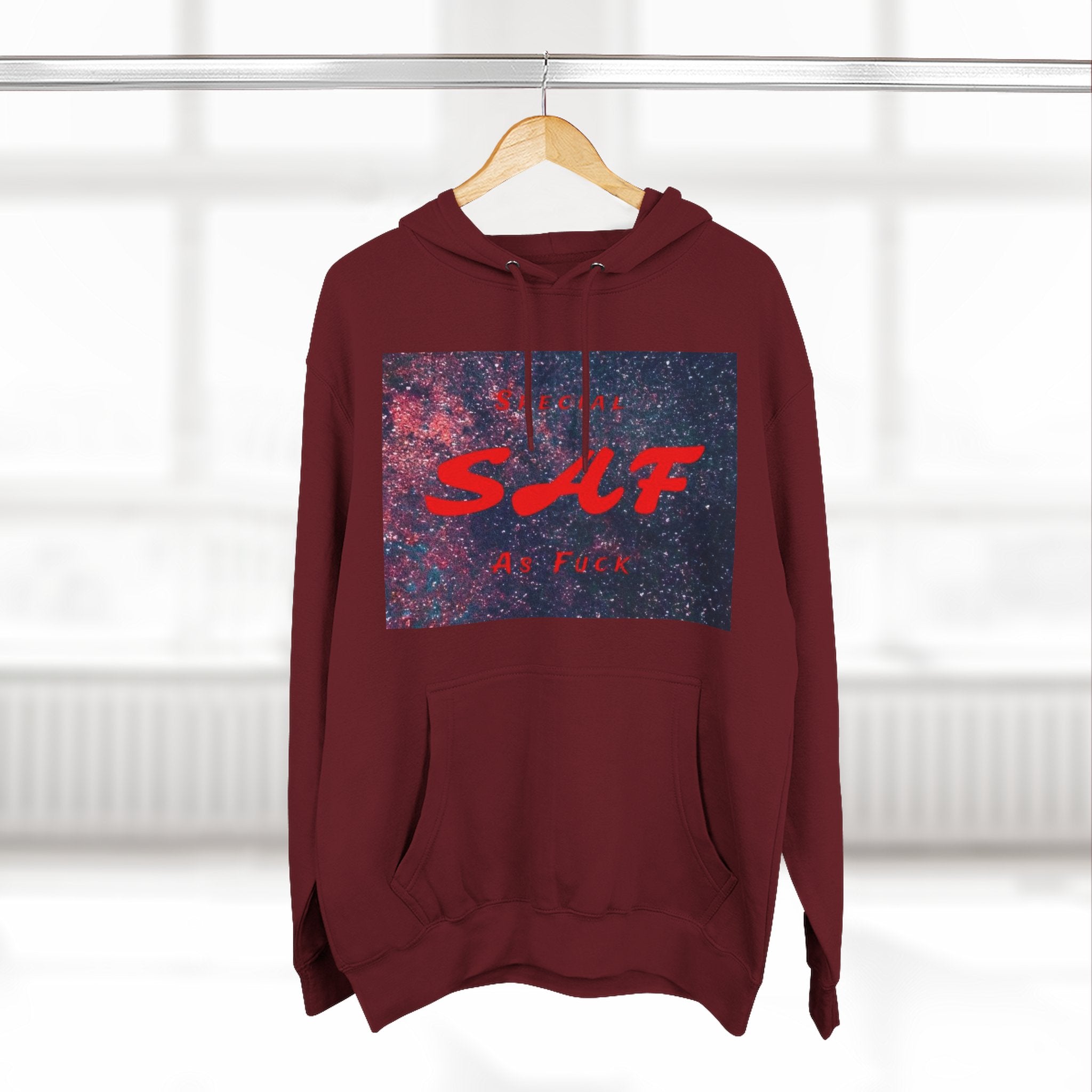 SAF Galaxy Panel Hoodie — Graphic Fleece Pullover with Red Script