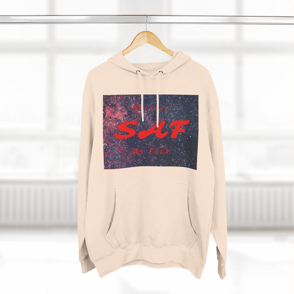 SAF Galaxy Panel Hoodie — Graphic Fleece Pullover with Red Script
