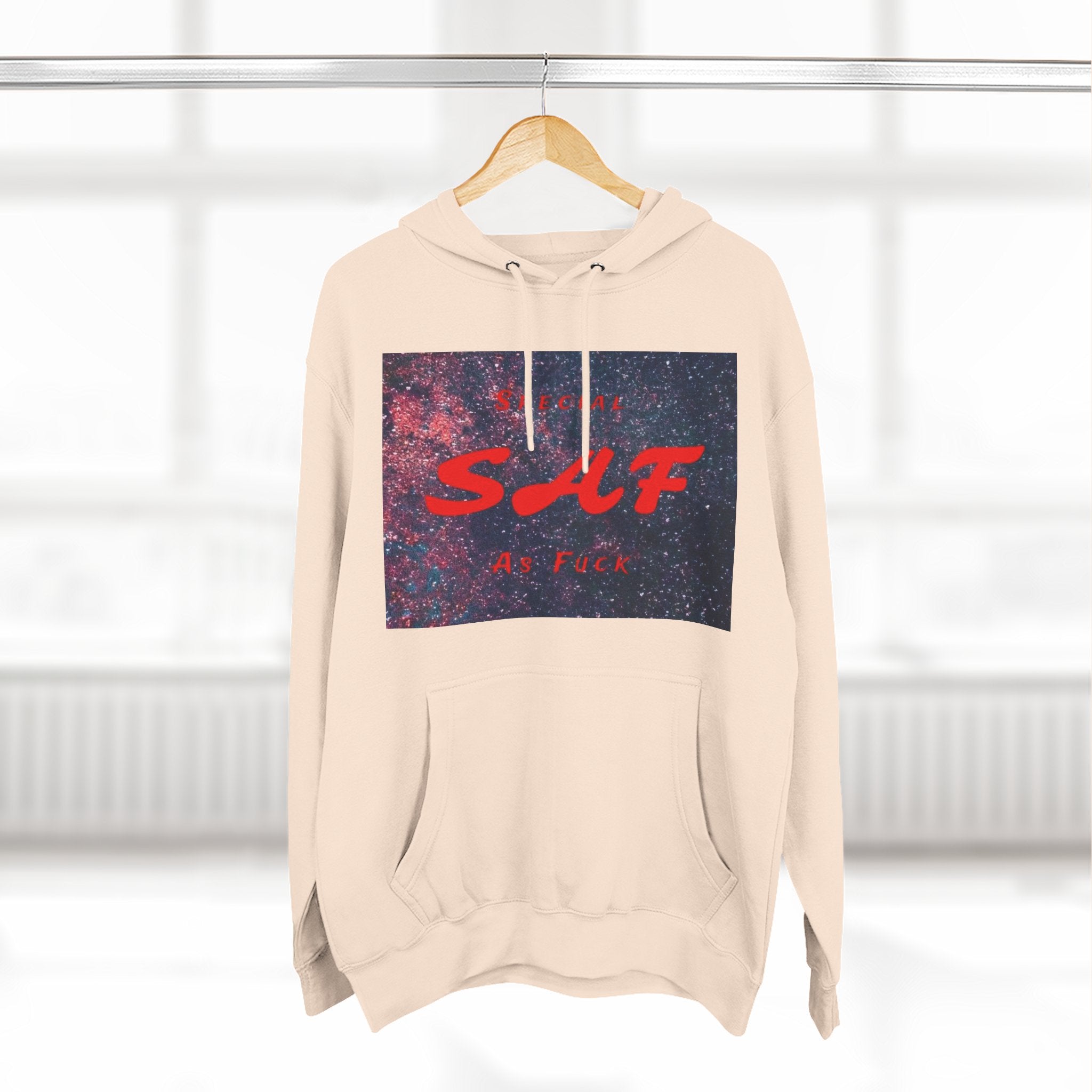 SAF Galaxy Panel Hoodie — Graphic Fleece Pullover with Red Script
