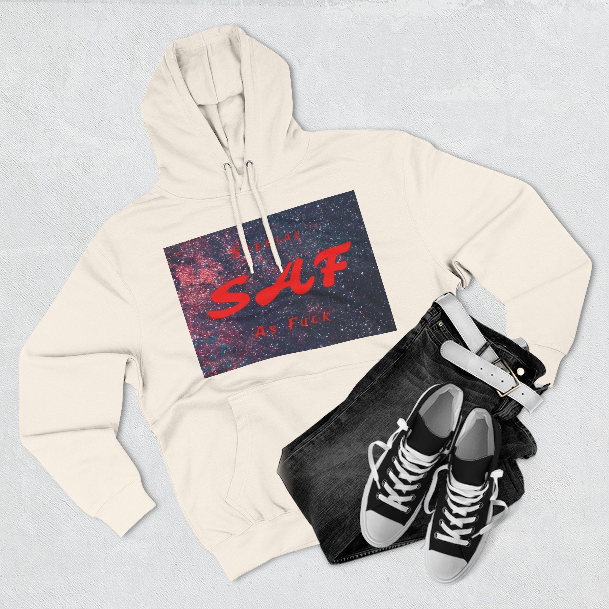 SAF Galaxy Panel Hoodie — Graphic Fleece Pullover with Red Script