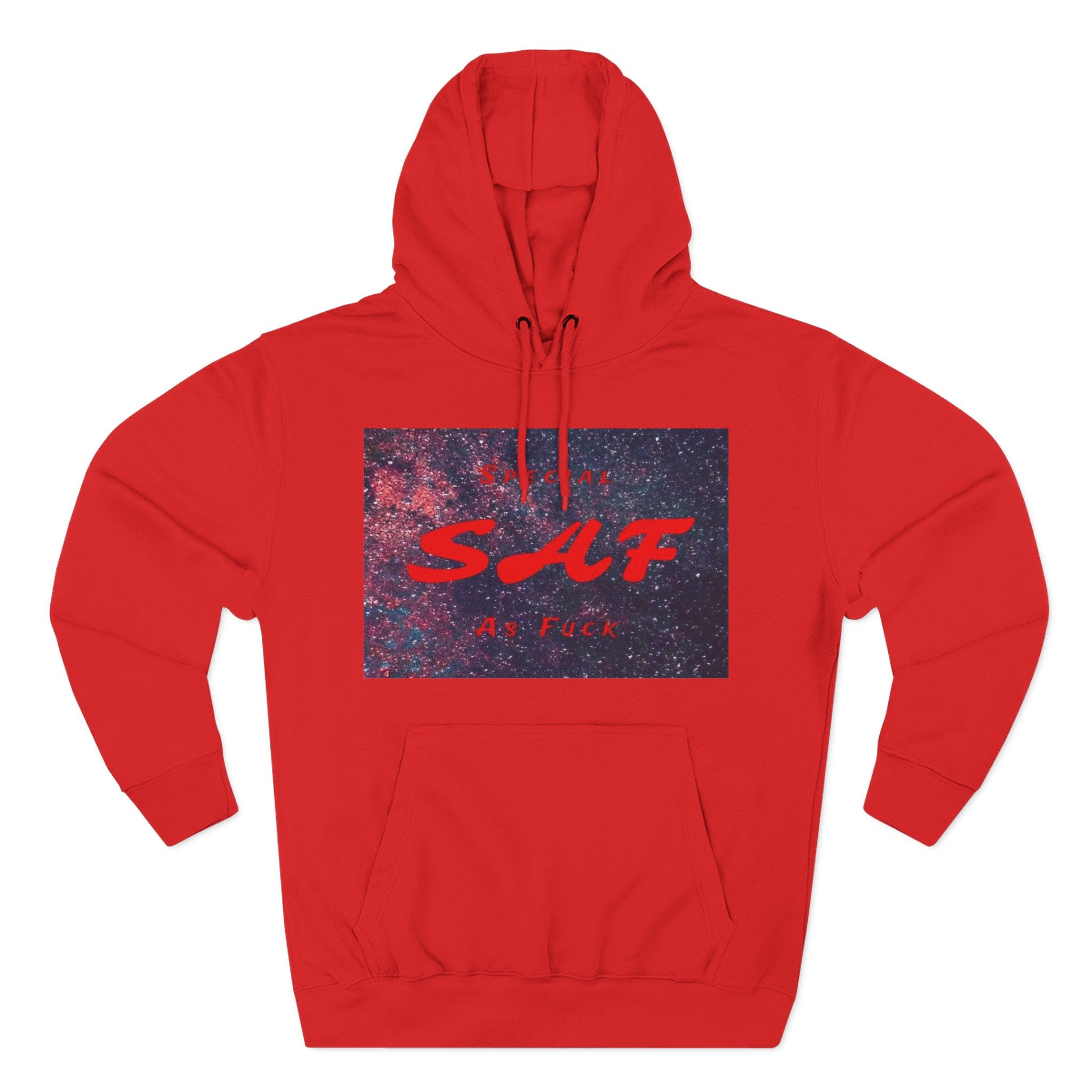 SAF Galaxy Panel Hoodie — Graphic Fleece Pullover with Red Script