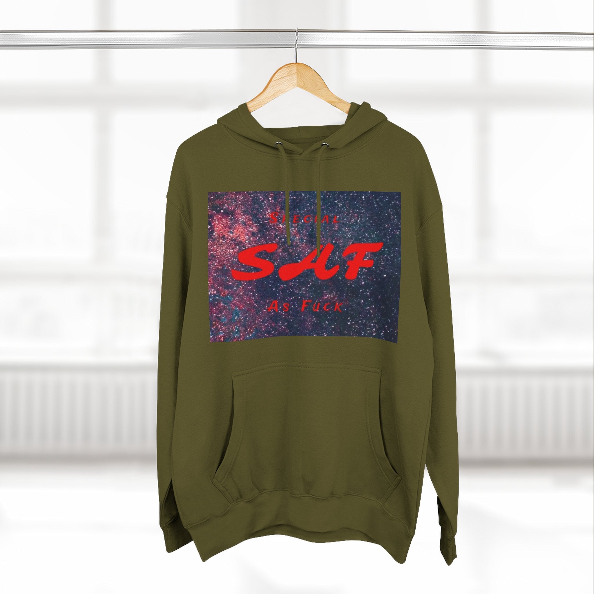 SAF Galaxy Panel Hoodie — Graphic Fleece Pullover with Red Script