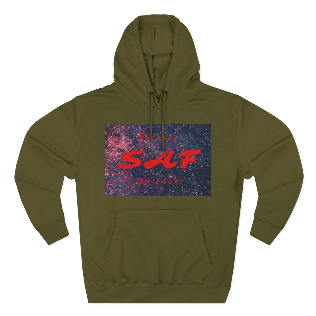 SAF Galaxy Panel Hoodie — Graphic Fleece Pullover with Red Script