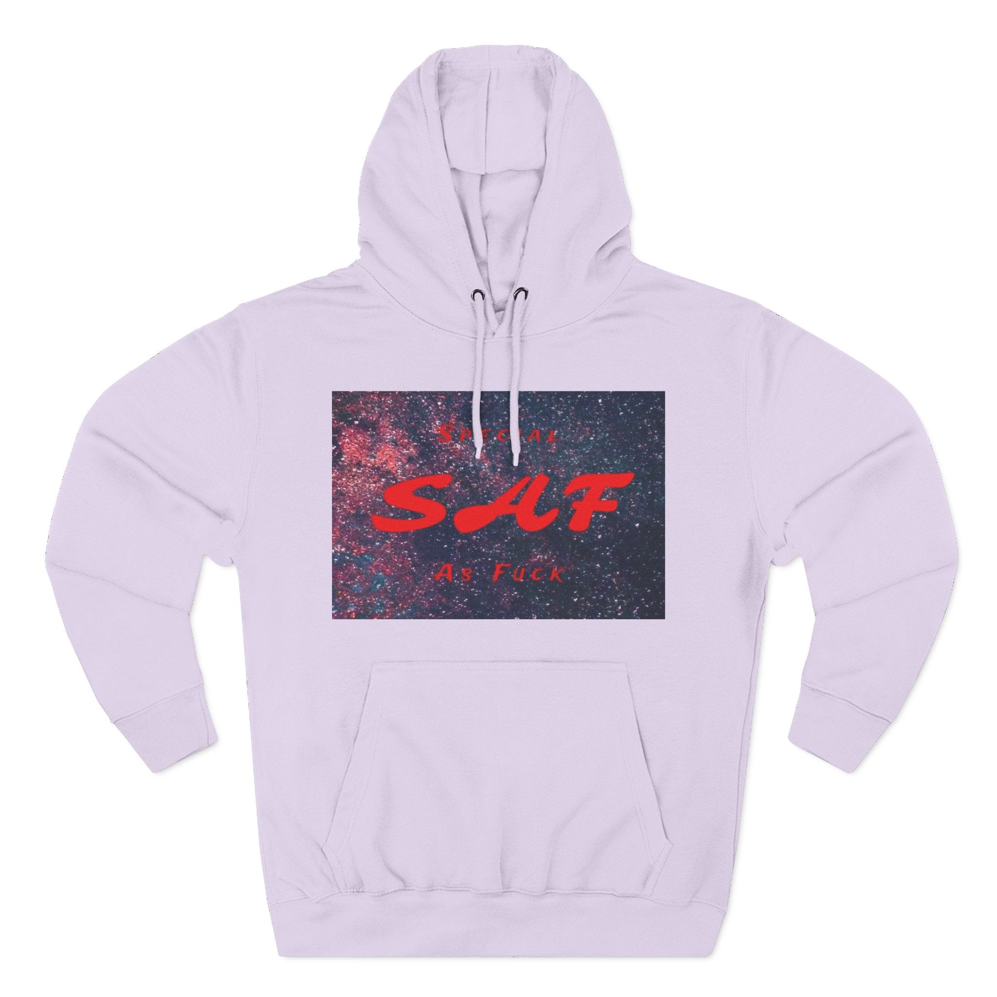 SAF Galaxy Panel Hoodie — Graphic Fleece Pullover with Red Script