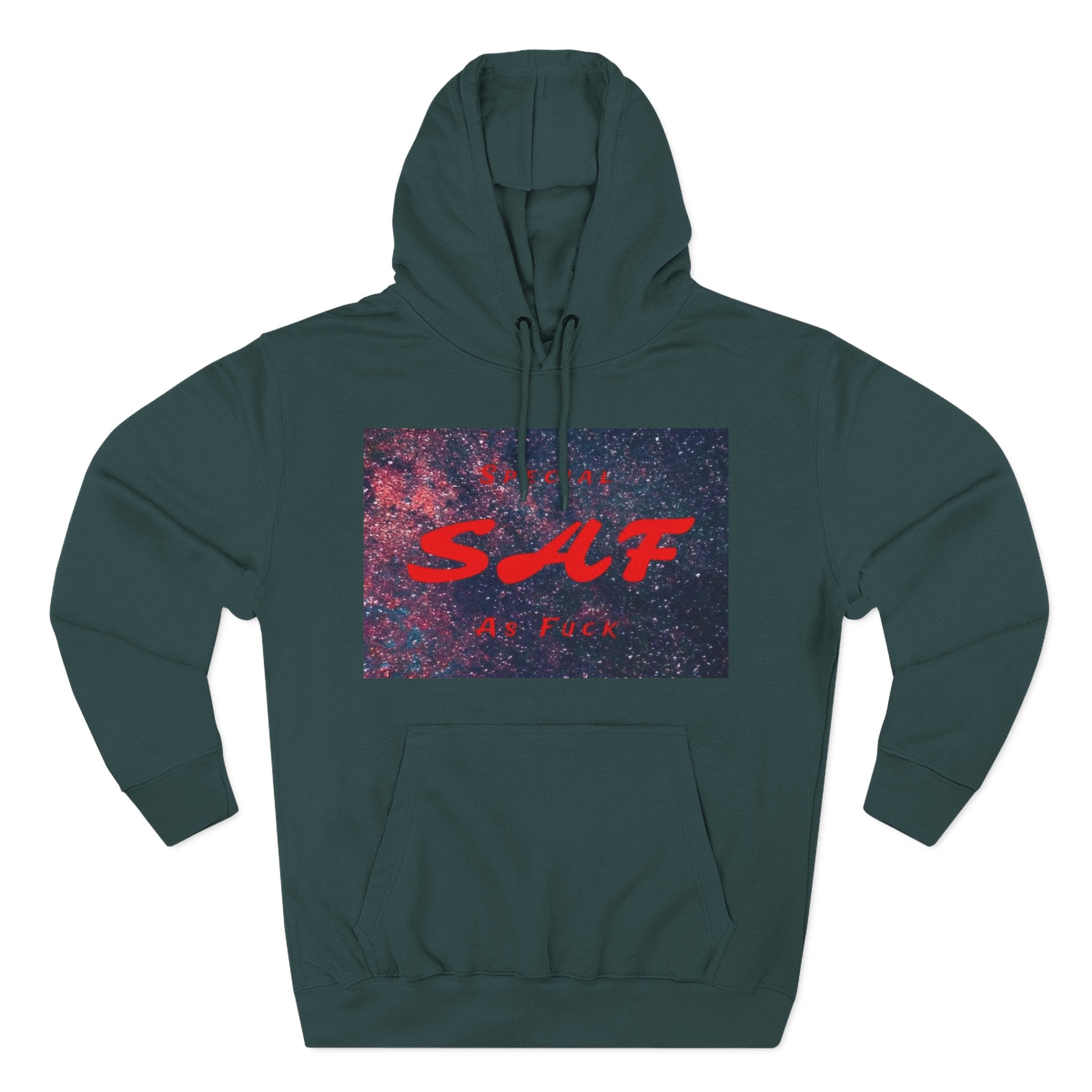 SAF Galaxy Panel Hoodie — Graphic Fleece Pullover with Red Script