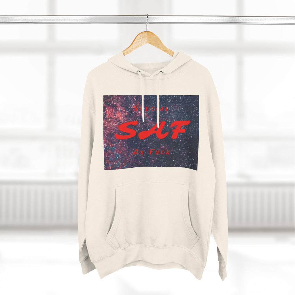 SAF Galaxy Panel Hoodie — Graphic Fleece Pullover with Red Script