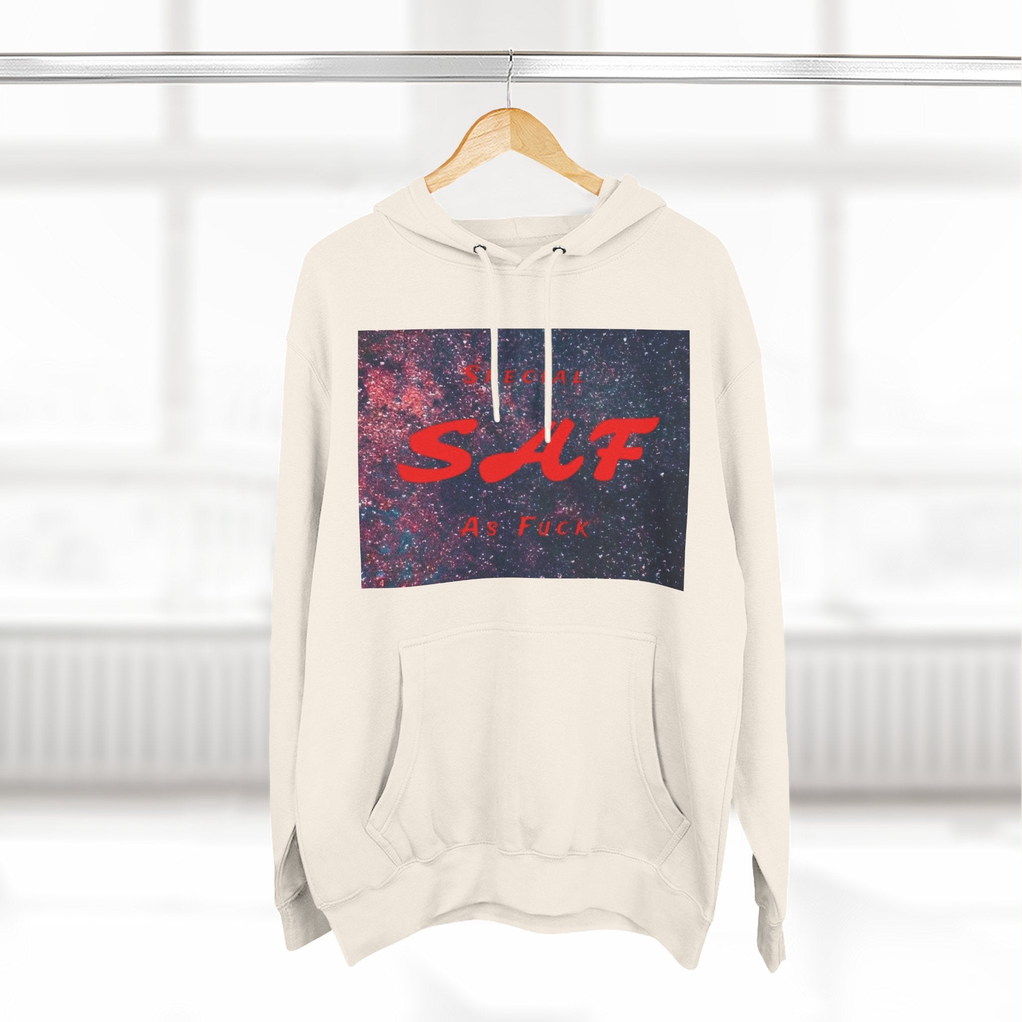 SAF Galaxy Panel Hoodie — Graphic Fleece Pullover with Red Script