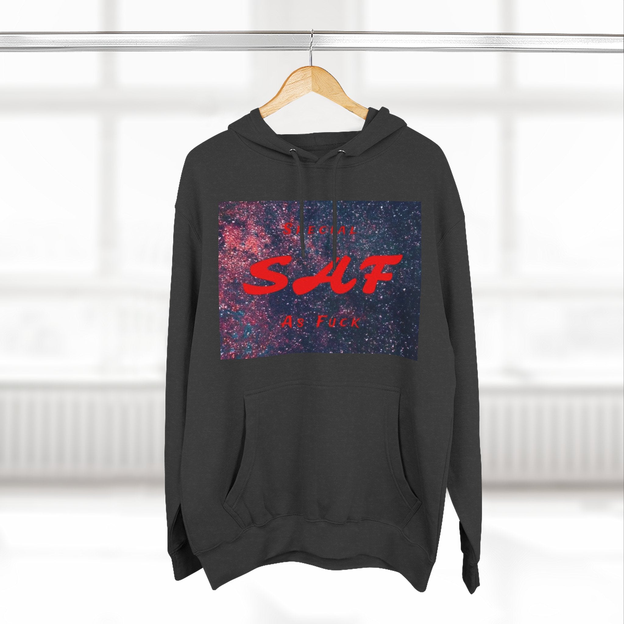 SAF Galaxy Panel Hoodie — Graphic Fleece Pullover with Red Script