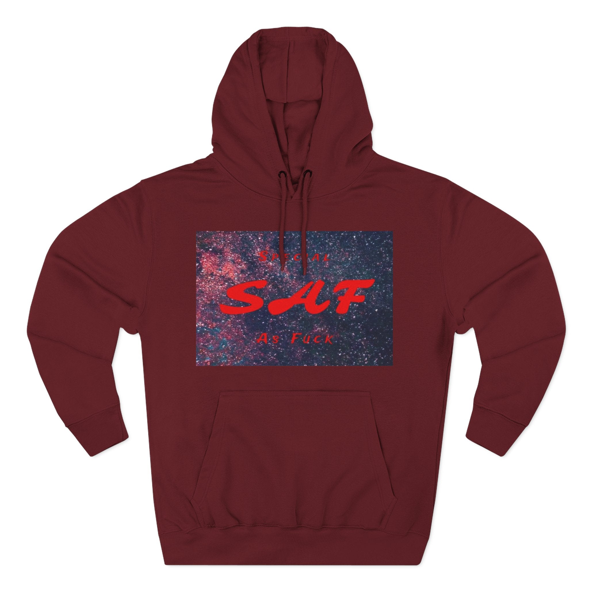 SAF Galaxy Panel Hoodie — Graphic Fleece Pullover with Red Script
