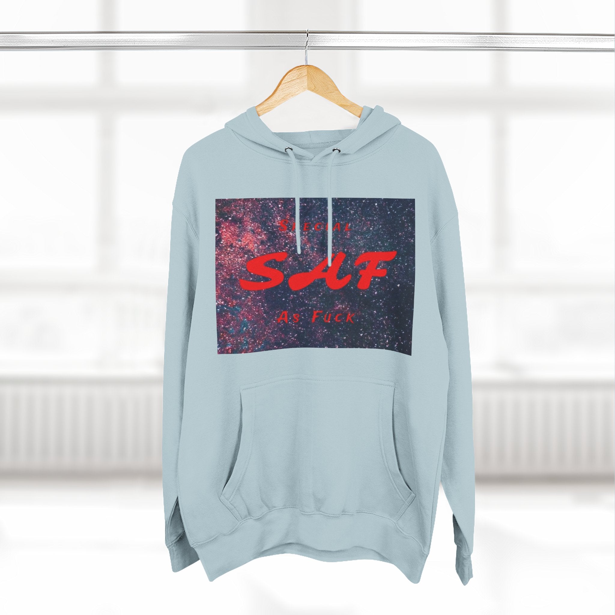 SAF Galaxy Panel Hoodie — Graphic Fleece Pullover with Red Script