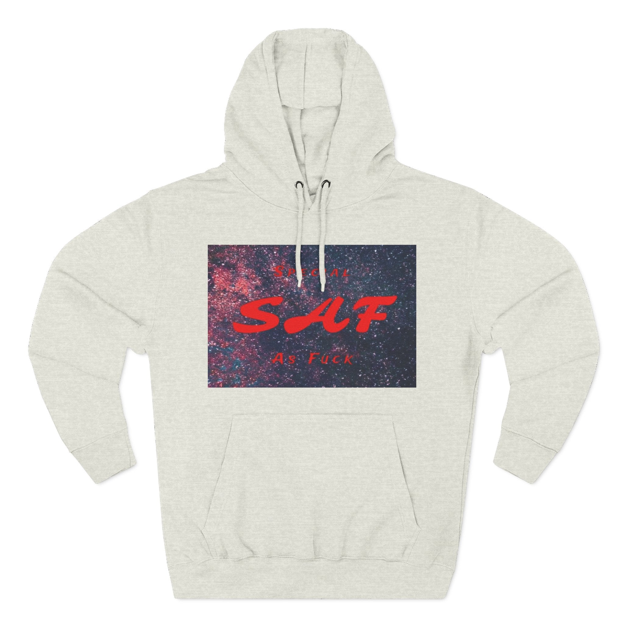 SAF Galaxy Panel Hoodie — Graphic Fleece Pullover with Red Script