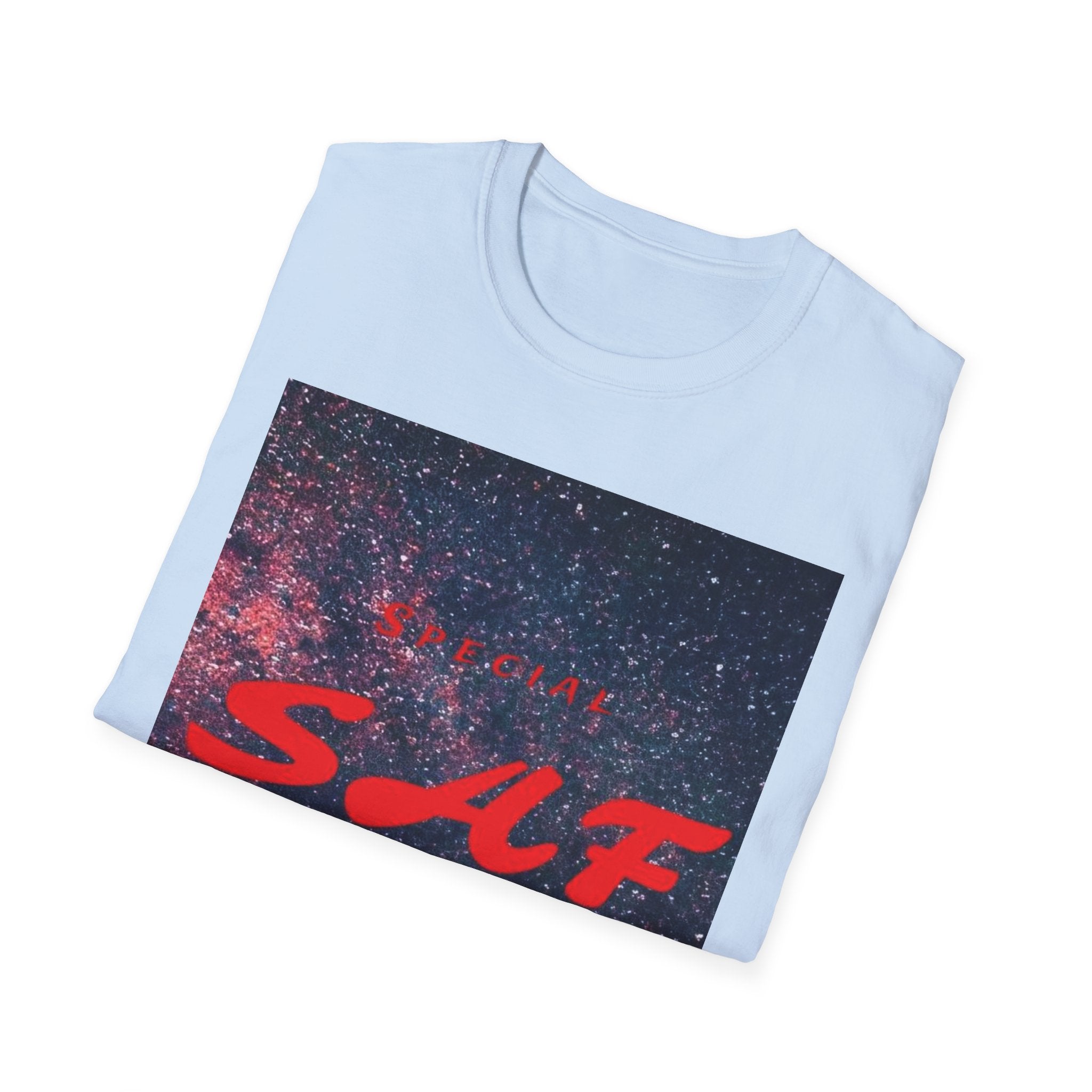 SAF Red Script Galaxy T-Shirt — Space Graphic Tee with 'SAF' Design