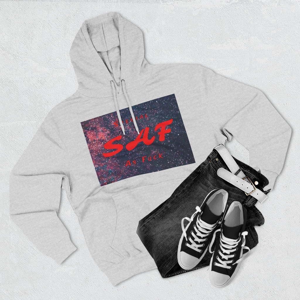SAF Galaxy Panel Hoodie — Graphic Fleece Pullover with Red Script