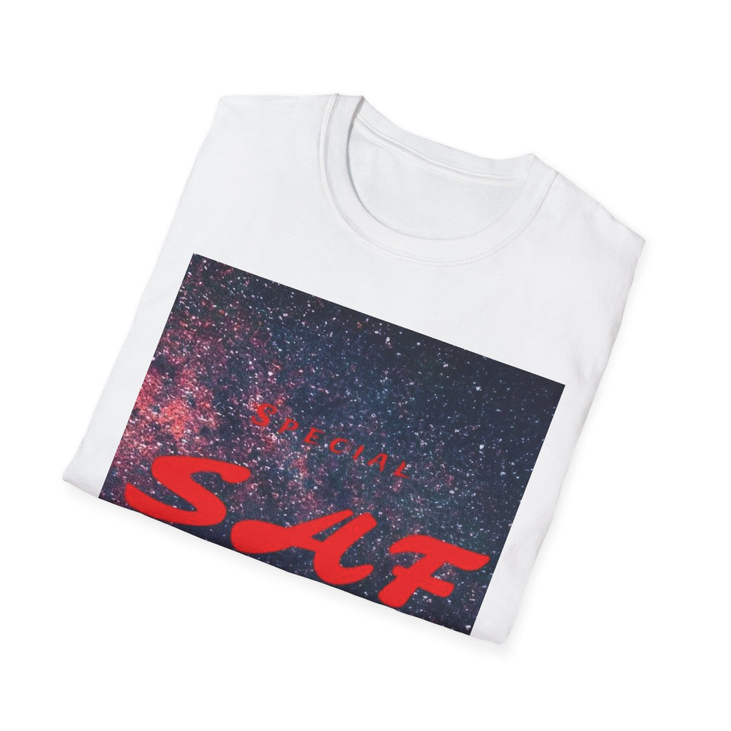 SAF Red Script Galaxy T-Shirt — Space Graphic Tee with 'SAF' Design