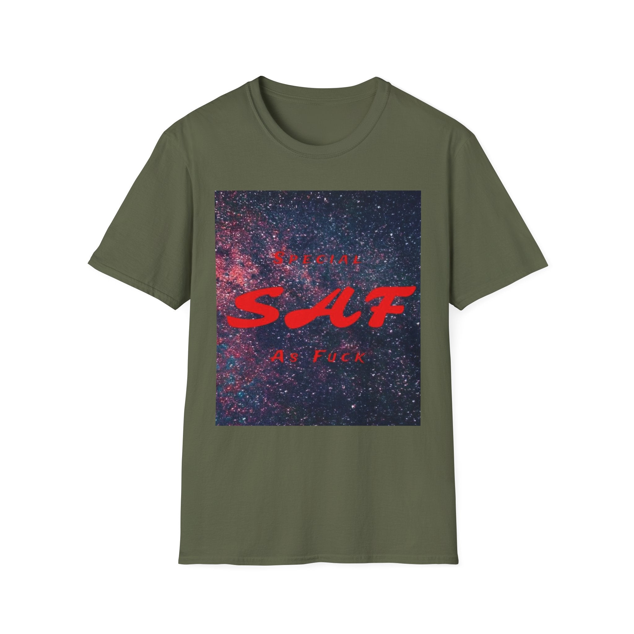 SAF Red Script Galaxy T-Shirt — Space Graphic Tee with 'SAF' Design