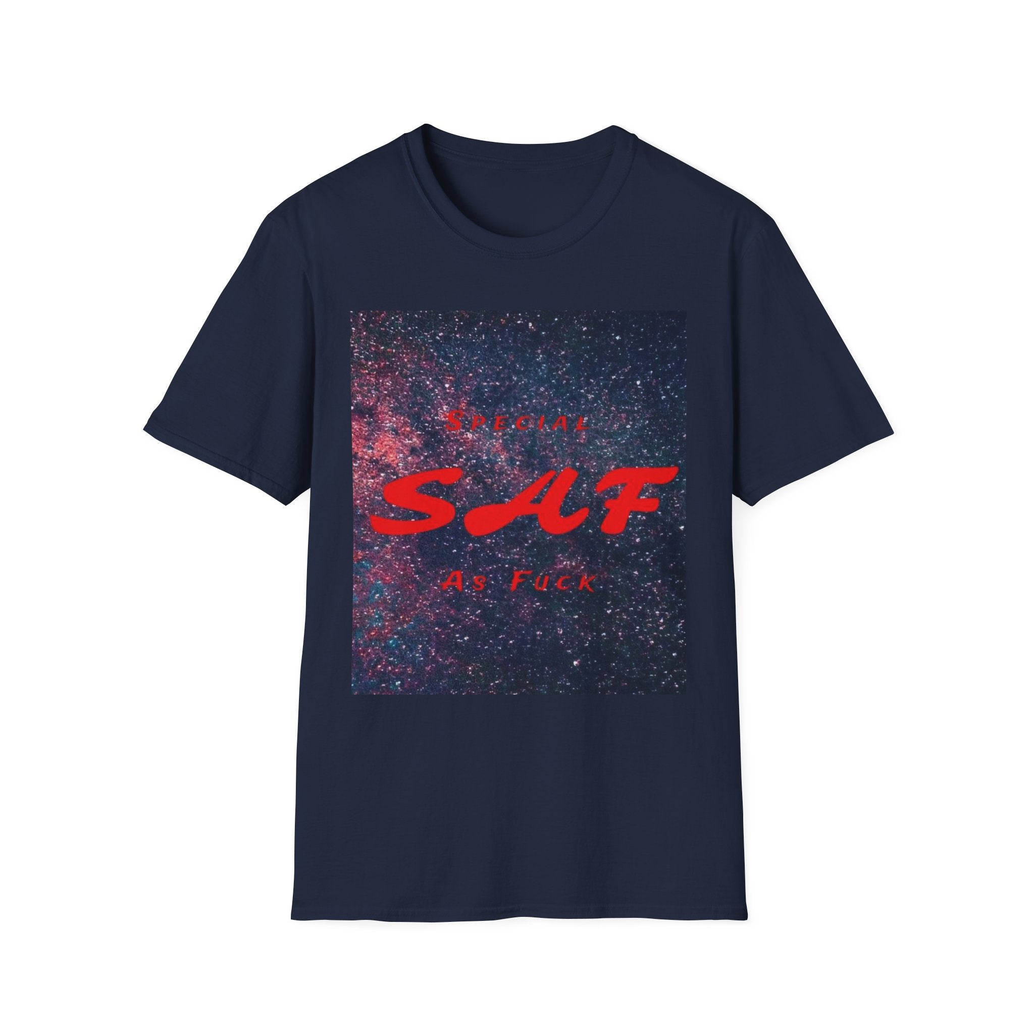SAF Red Script Galaxy T-Shirt — Space Graphic Tee with 'SAF' Design