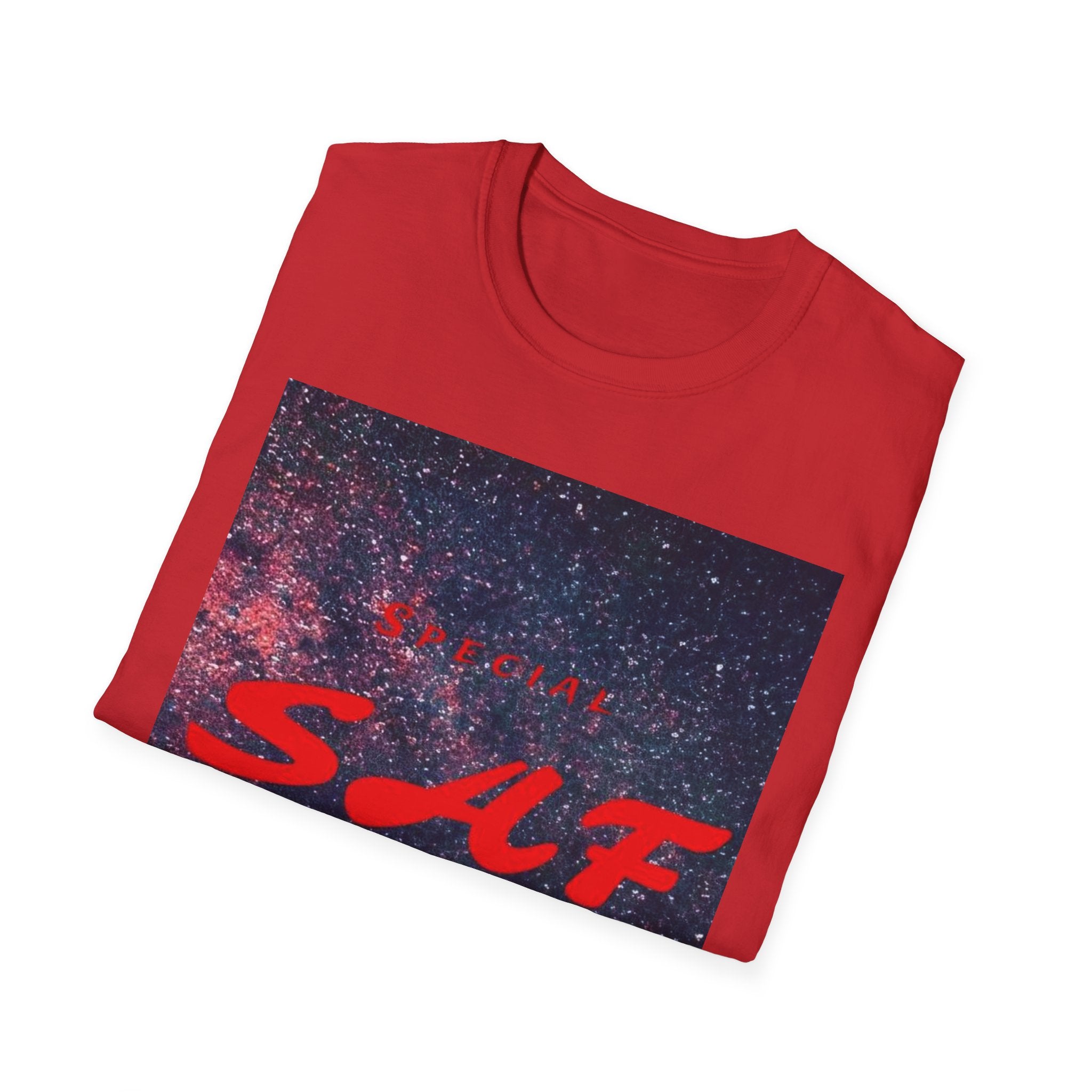 SAF Red Script Galaxy T-Shirt — Space Graphic Tee with 'SAF' Design