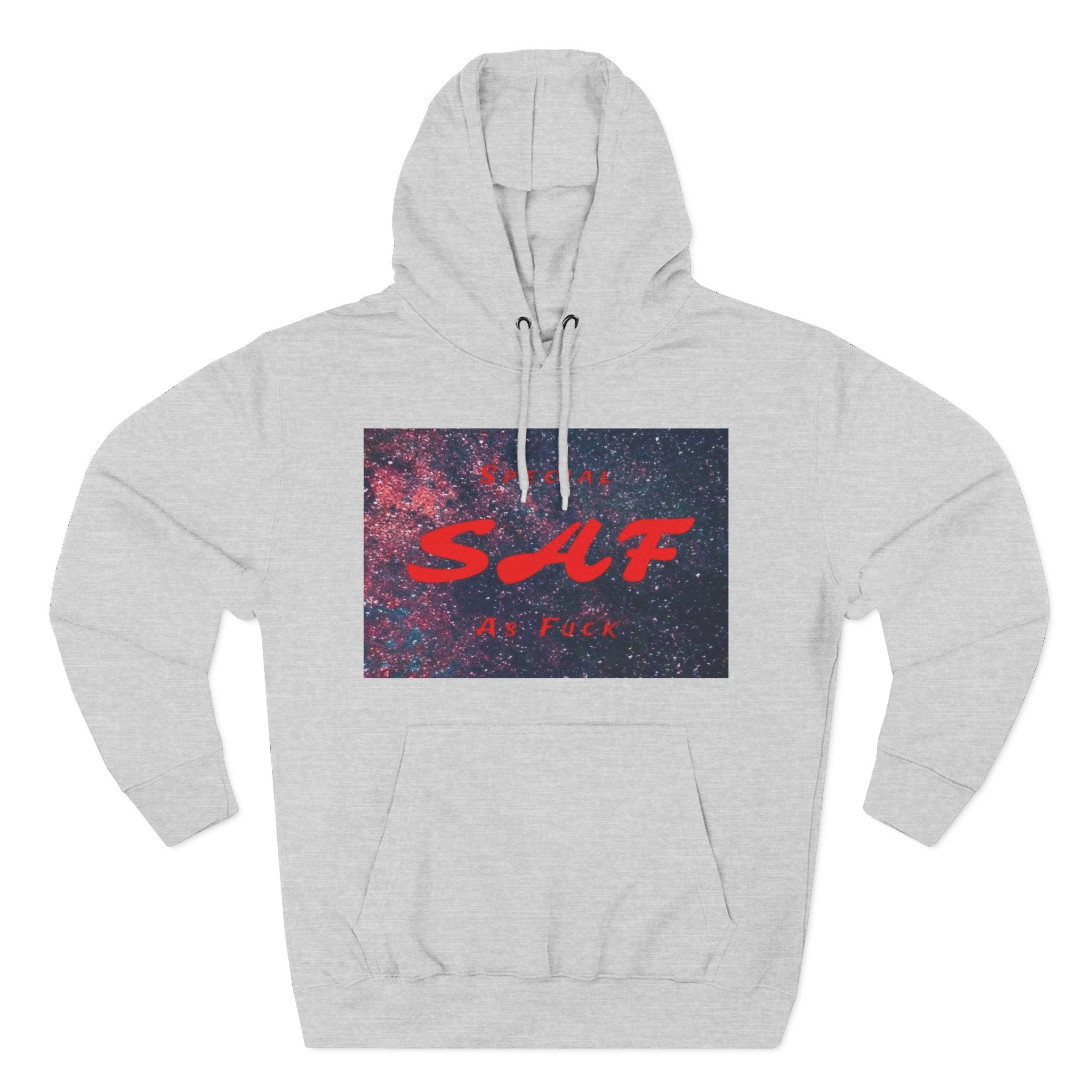SAF Galaxy Panel Hoodie — Graphic Fleece Pullover with Red Script