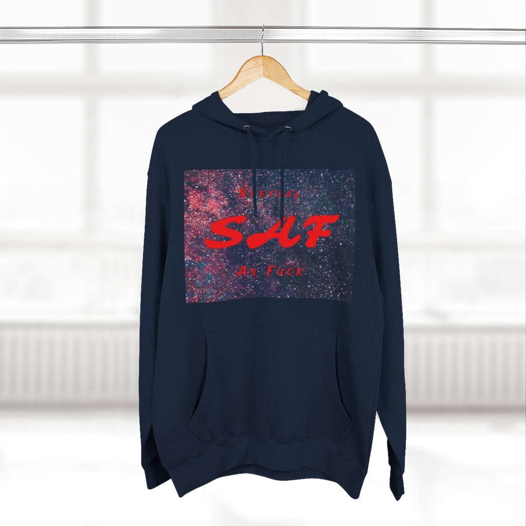 SAF Galaxy Panel Hoodie — Graphic Fleece Pullover with Red Script