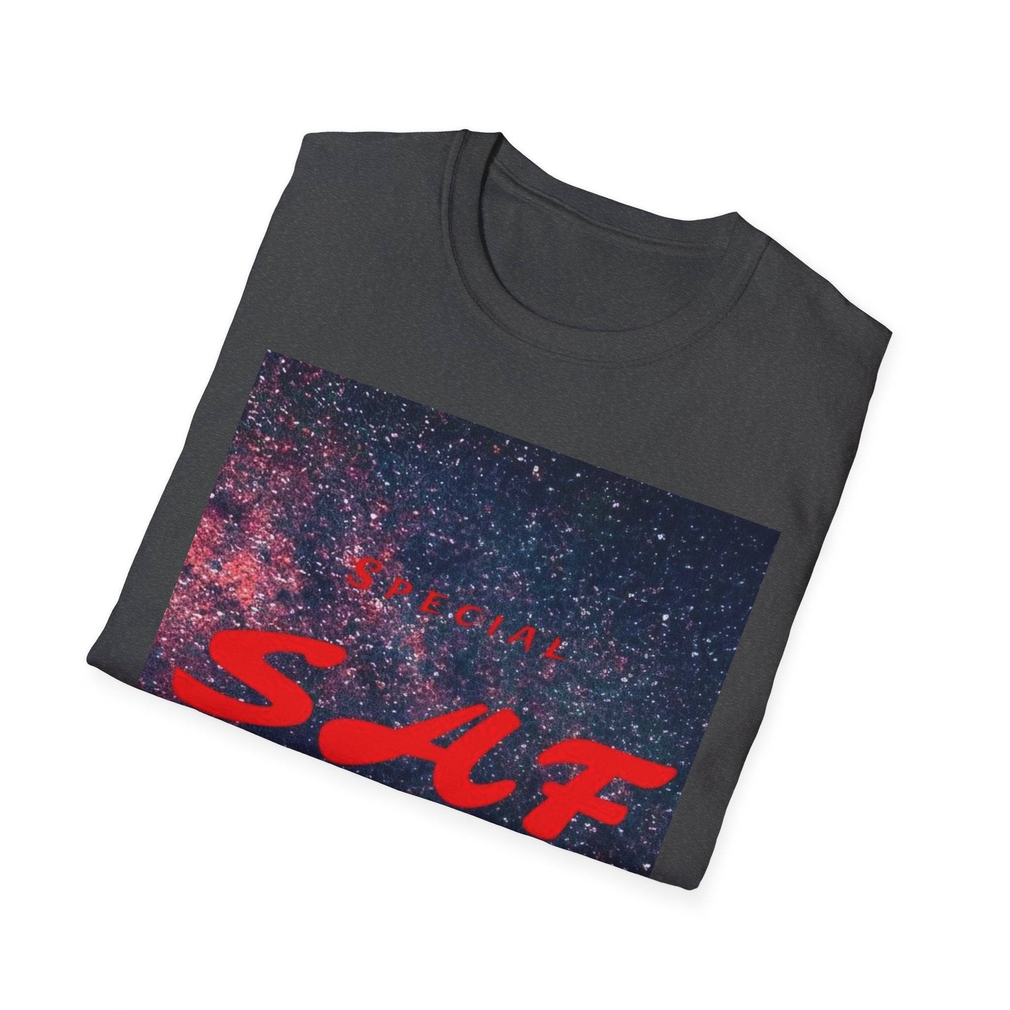 SAF Red Script Galaxy T-Shirt — Space Graphic Tee with 'SAF' Design