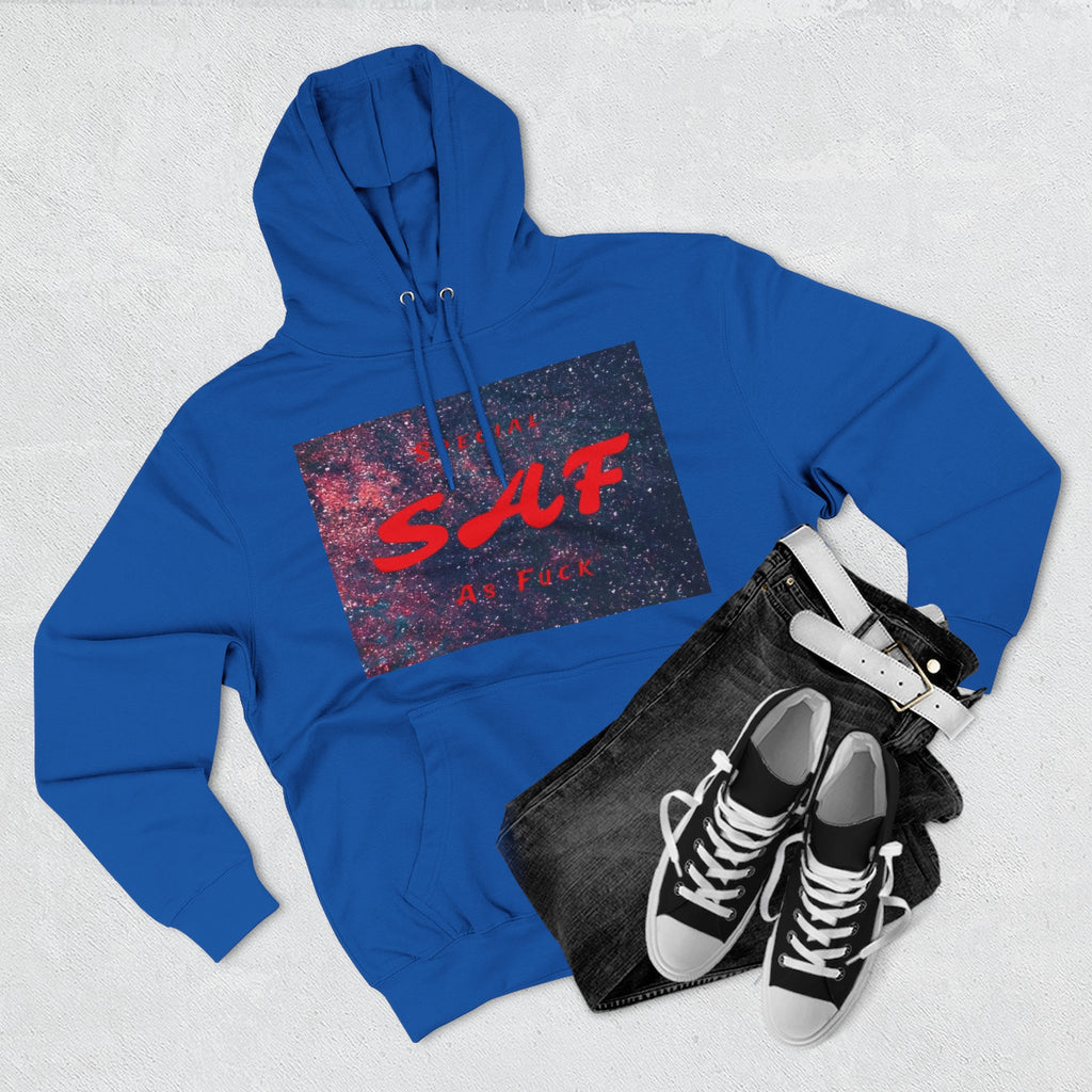 SAF Galaxy Panel Hoodie — Graphic Fleece Pullover with Red Script