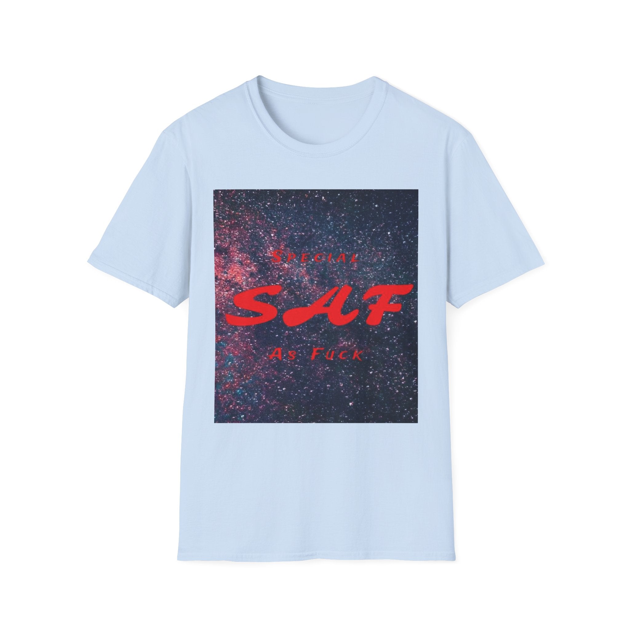 SAF Red Script Galaxy T-Shirt — Space Graphic Tee with 'SAF' Design