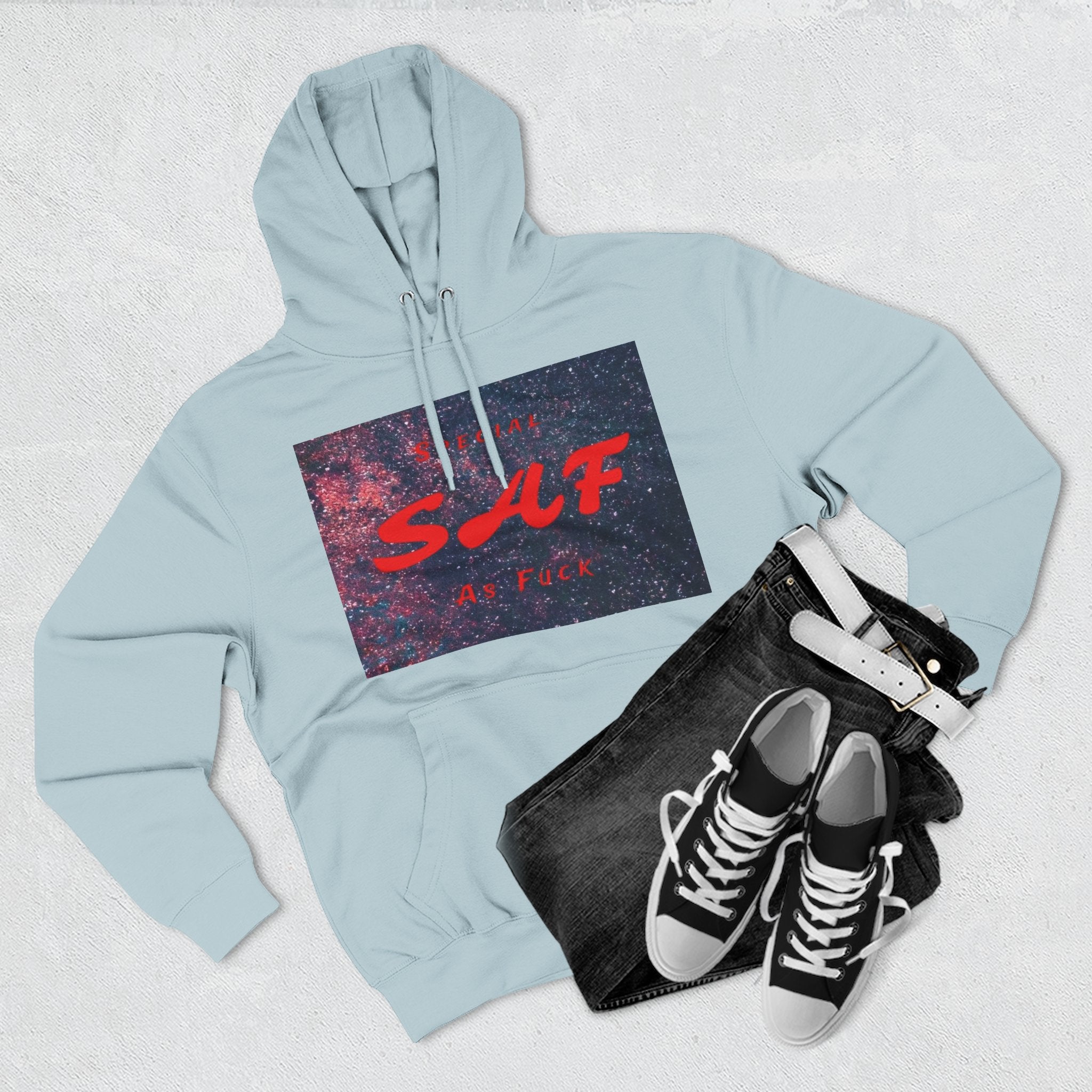 SAF Galaxy Panel Hoodie — Graphic Fleece Pullover with Red Script