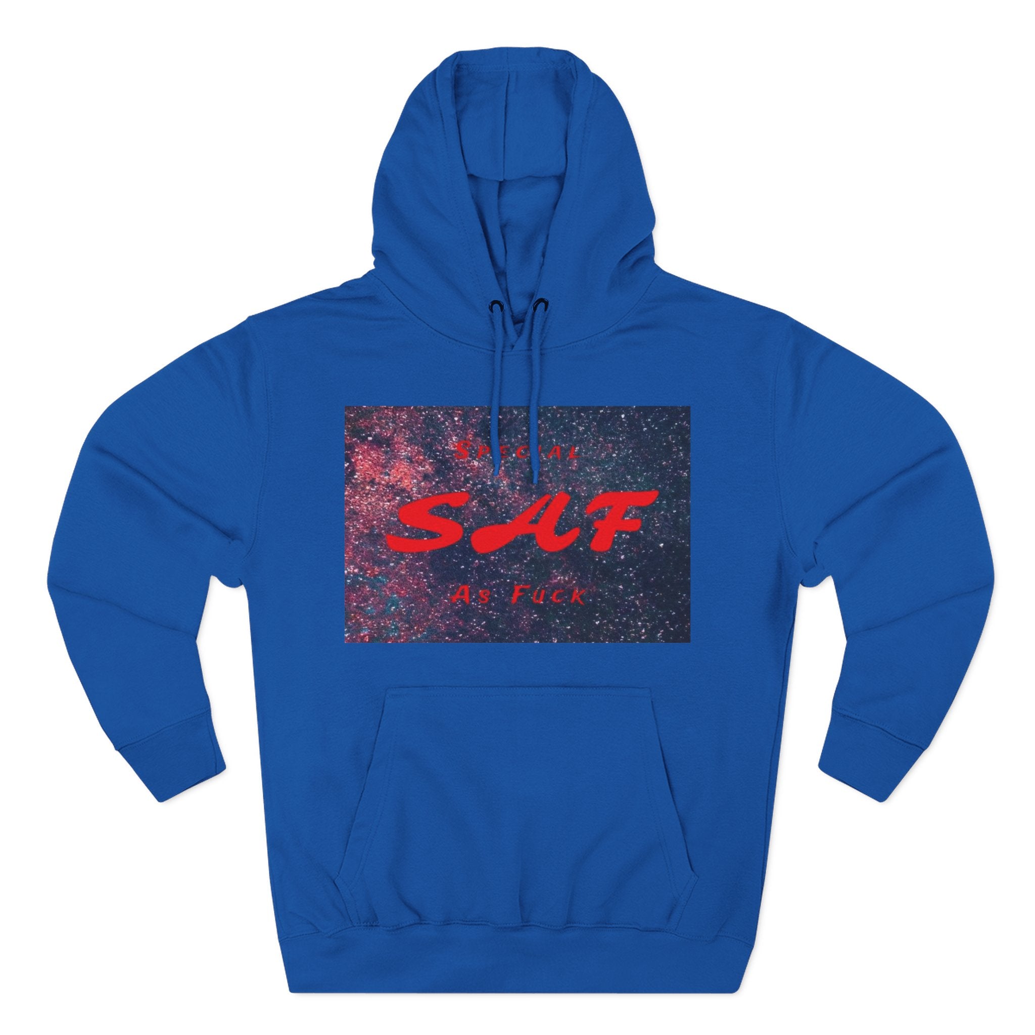 SAF Galaxy Panel Hoodie — Graphic Fleece Pullover with Red Script