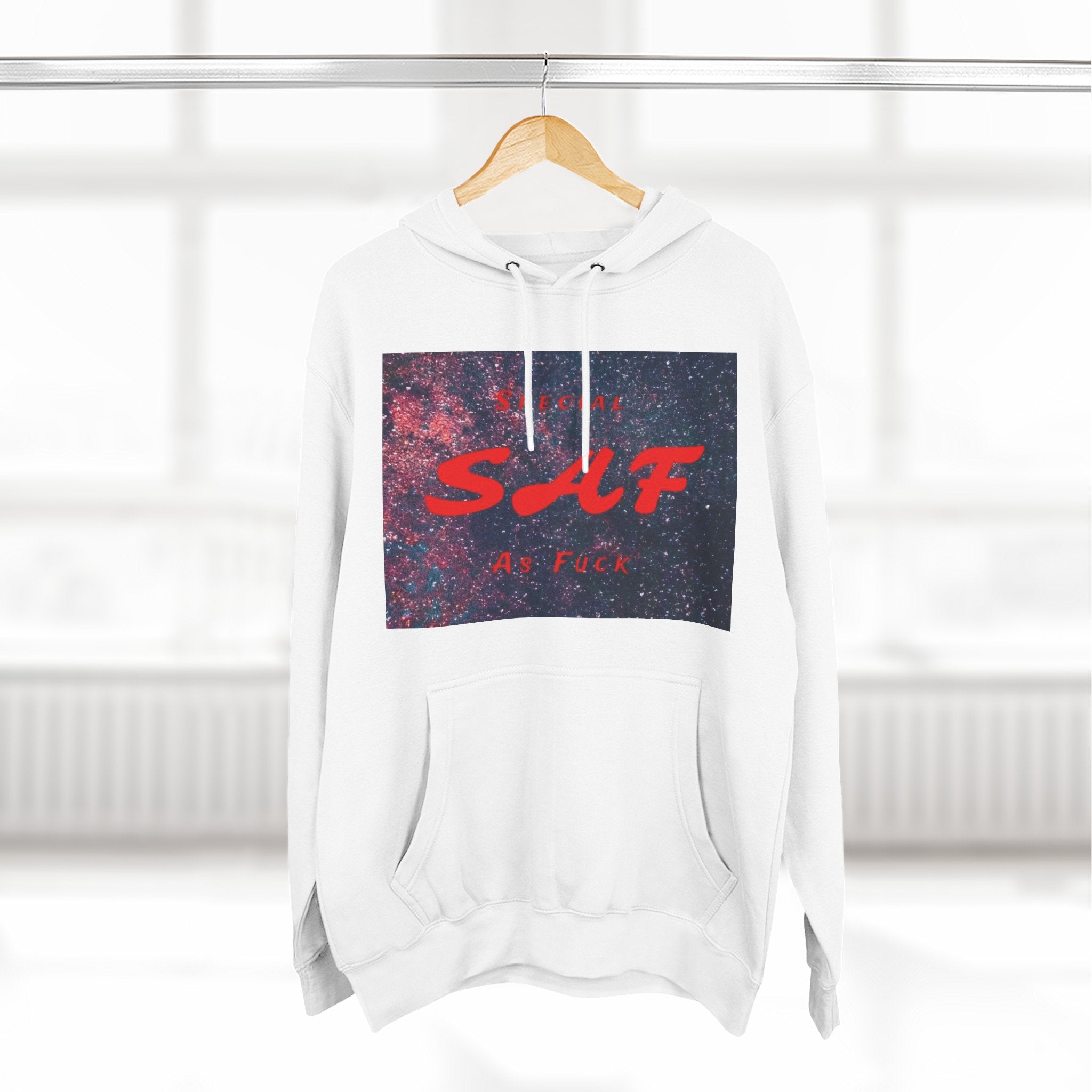 SAF Galaxy Panel Hoodie — Graphic Fleece Pullover with Red Script