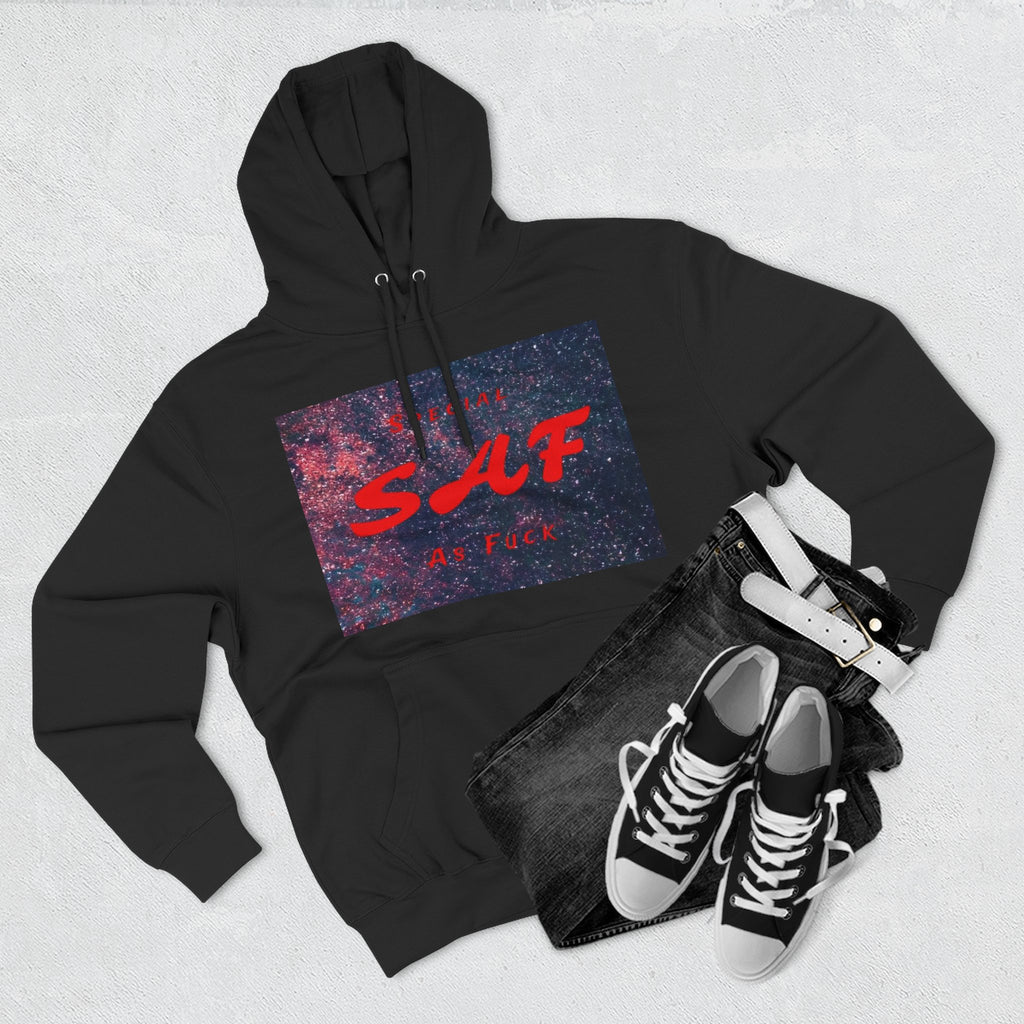 SAF Galaxy Panel Hoodie — Graphic Fleece Pullover with Red Script