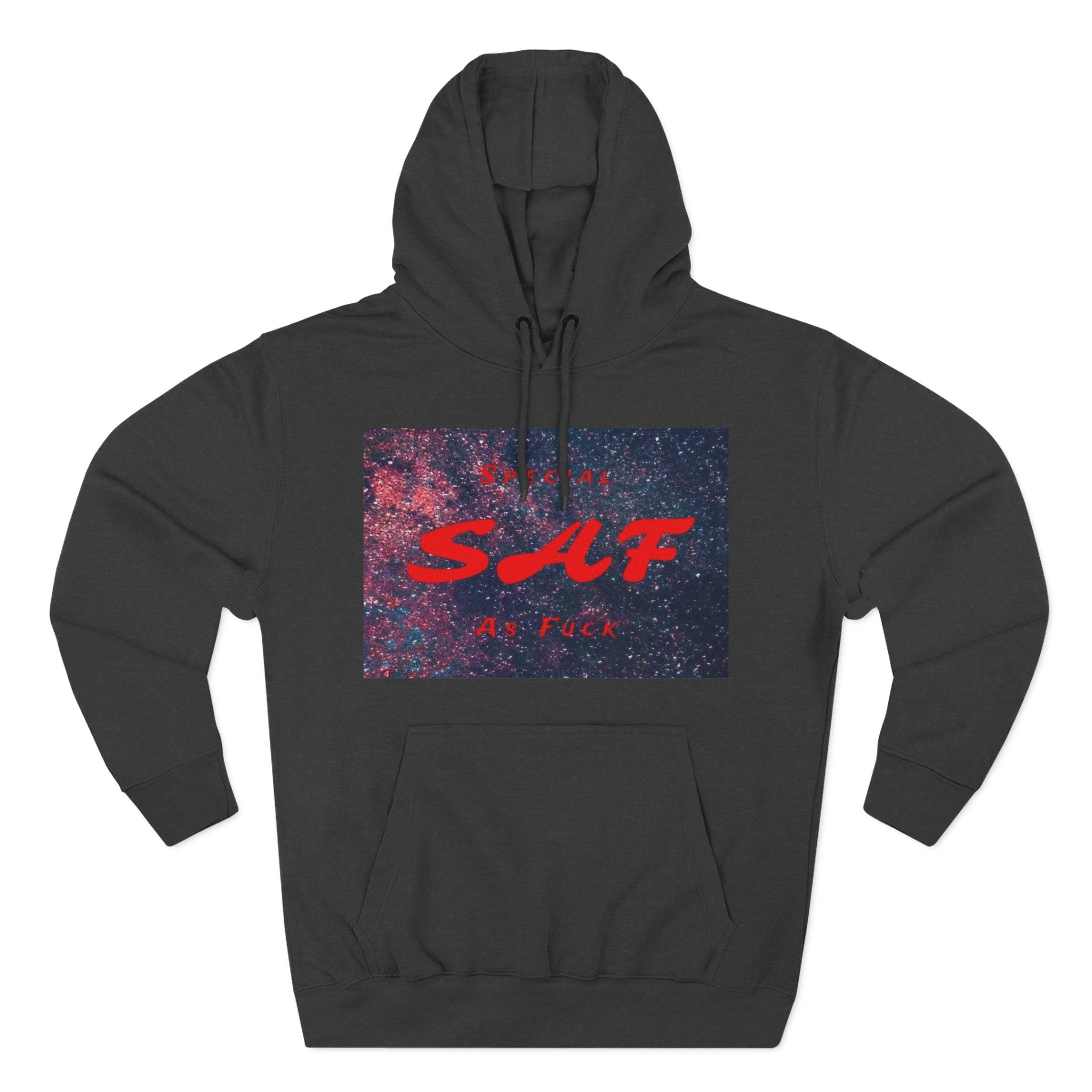 SAF Galaxy Panel Hoodie — Graphic Fleece Pullover with Red Script