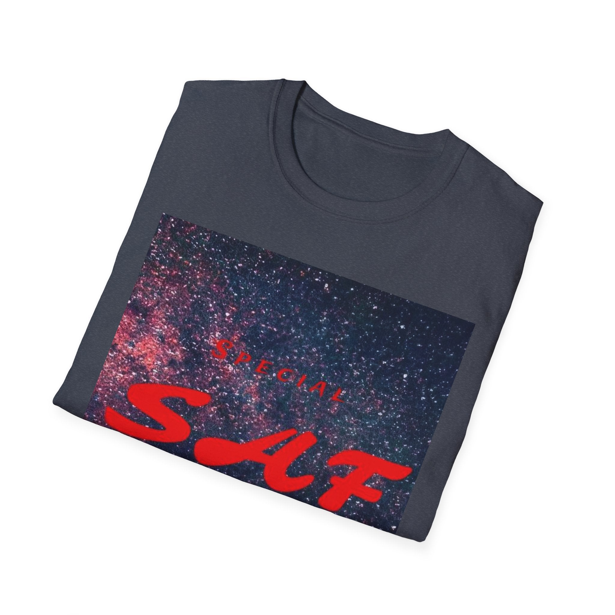 SAF Red Script Galaxy T-Shirt — Space Graphic Tee with 'SAF' Design