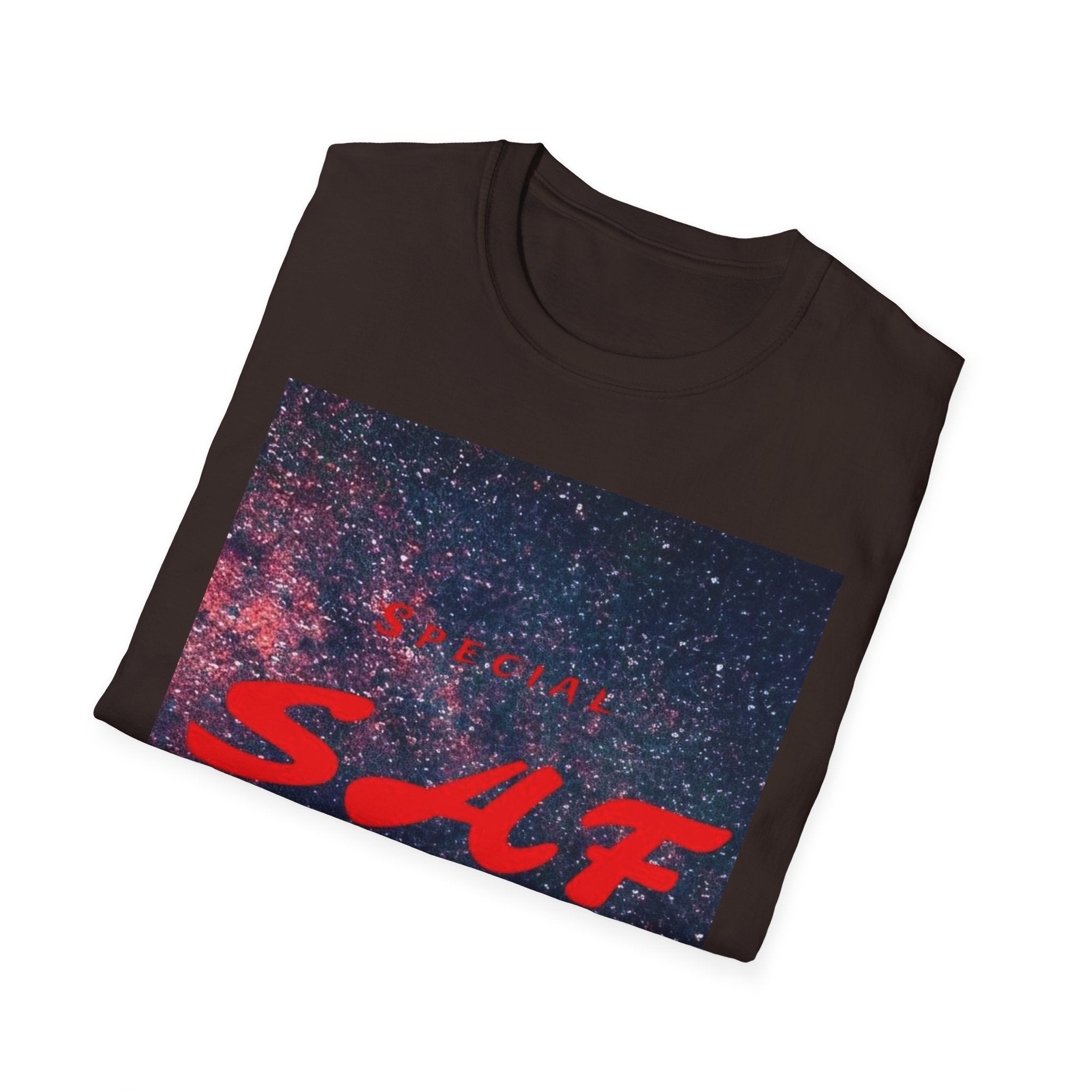 SAF Red Script Galaxy T-Shirt — Space Graphic Tee with 'SAF' Design