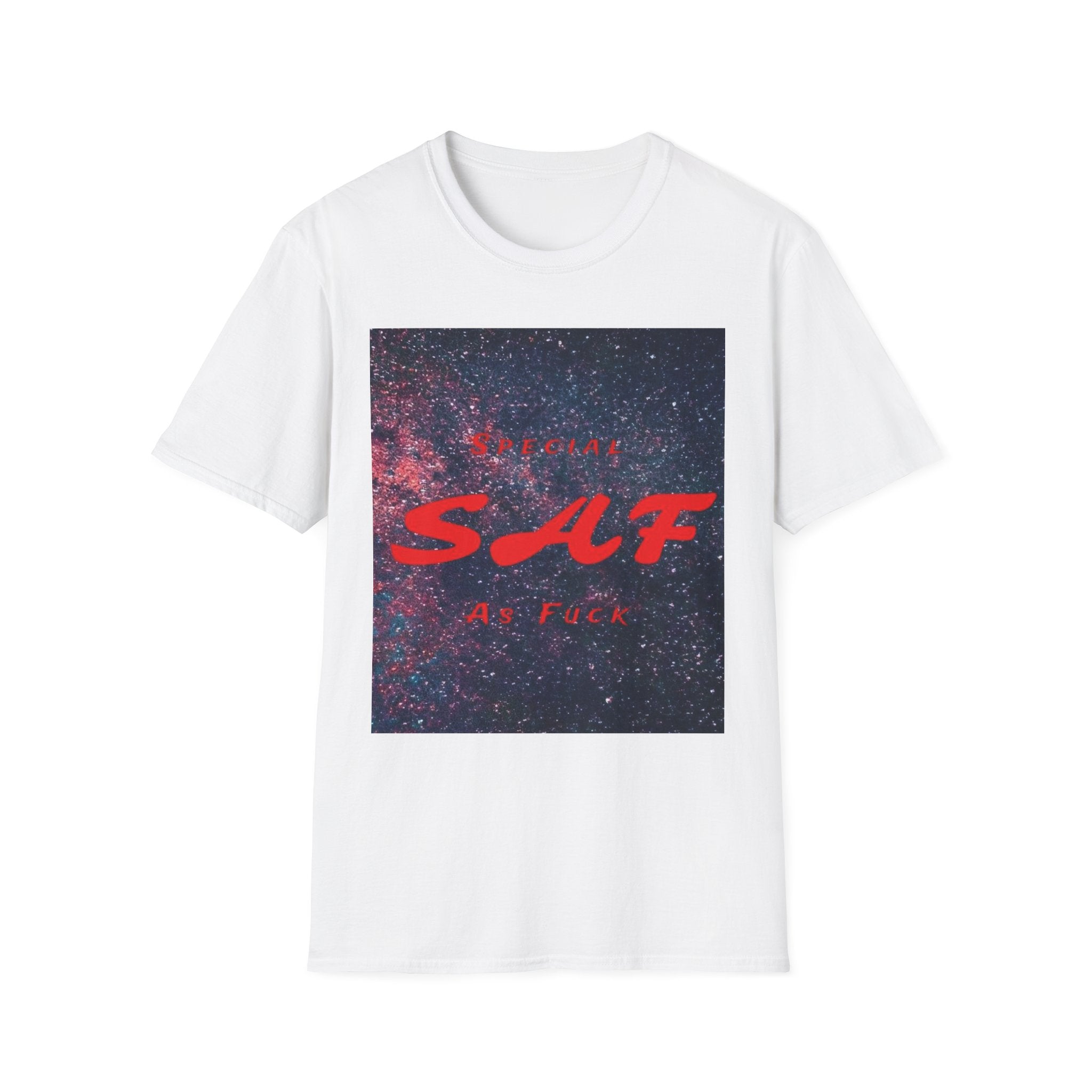 SAF Red Script Galaxy T-Shirt — Space Graphic Tee with 'SAF' Design