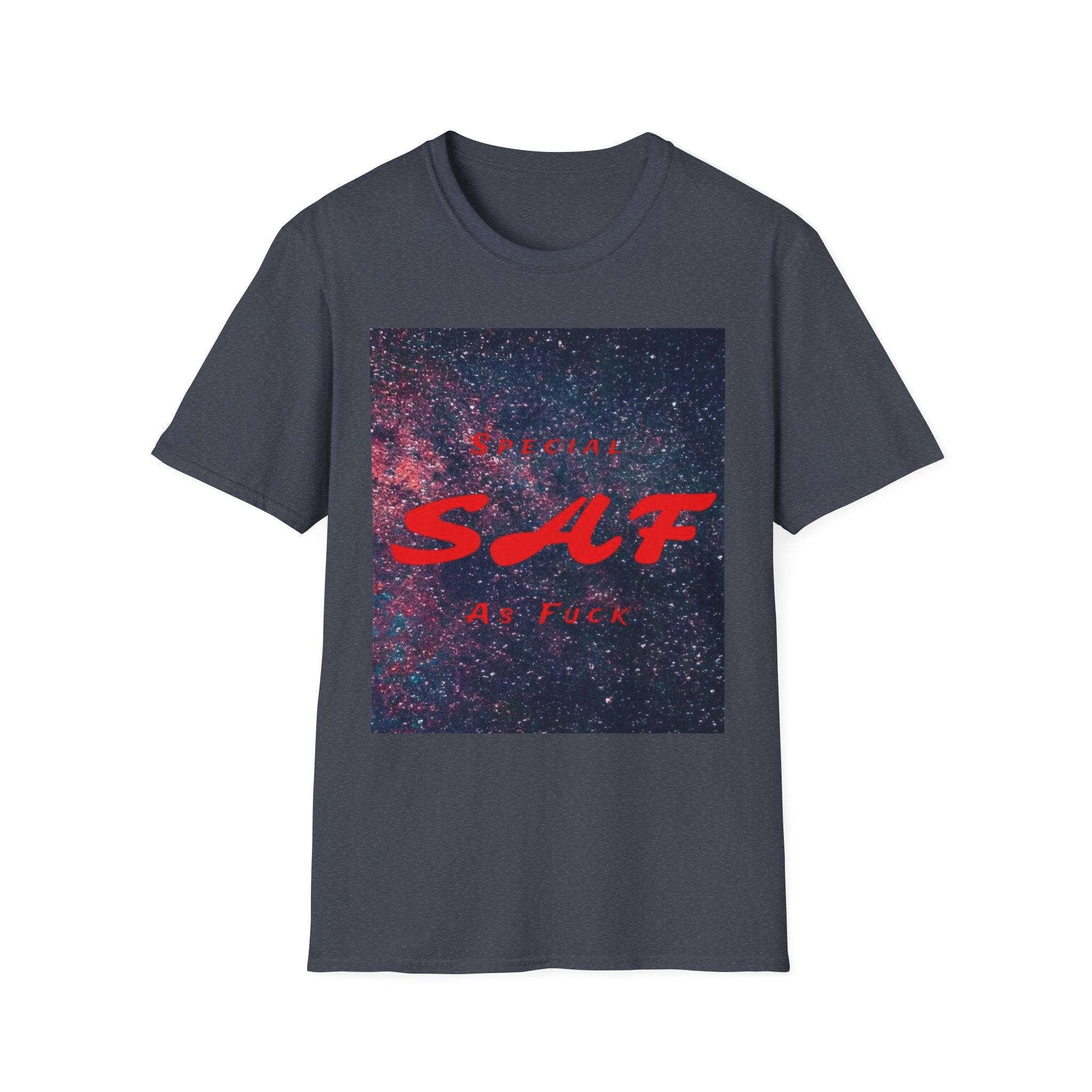 SAF Red Script Galaxy T-Shirt — Space Graphic Tee with 'SAF' Design