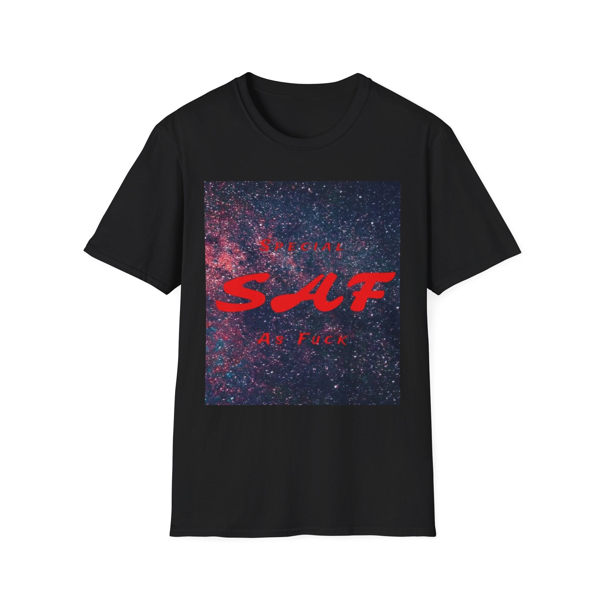 SAF Red Script Galaxy T-Shirt — Space Graphic Tee with 'SAF' Design