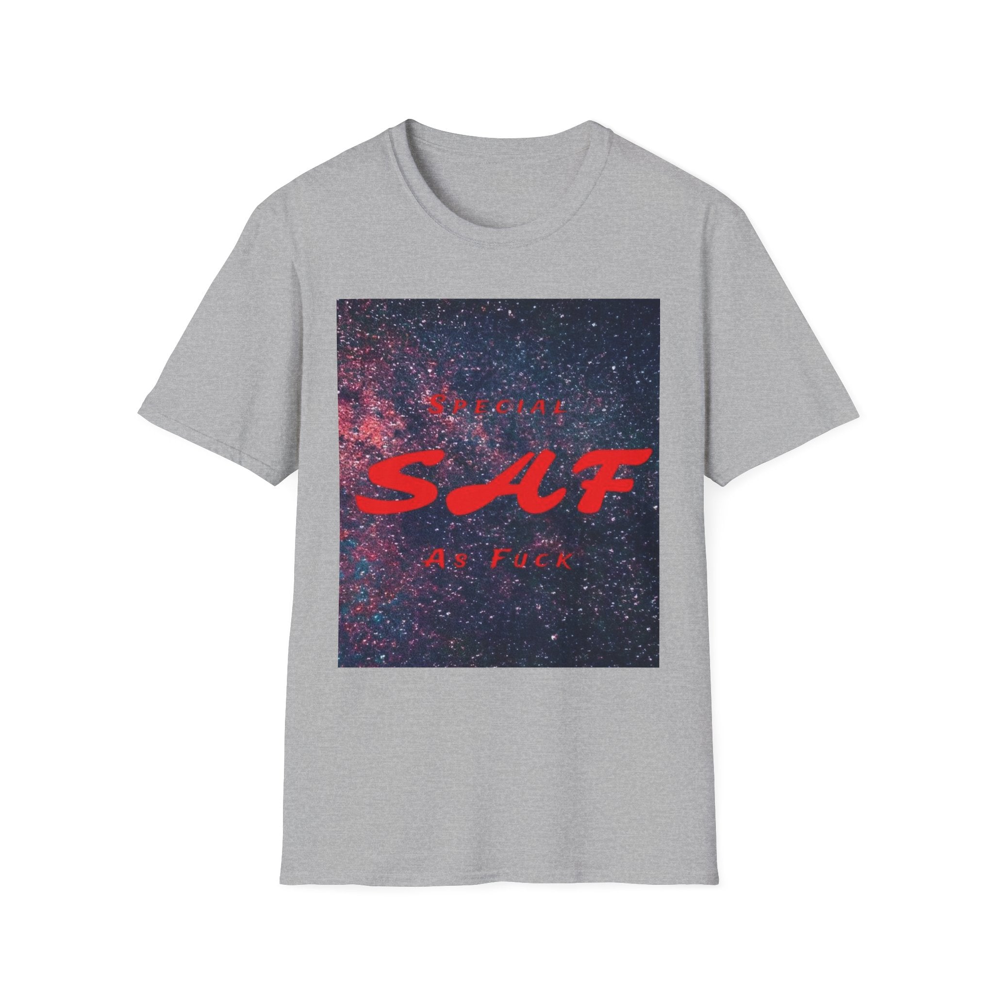 SAF Red Script Galaxy T-Shirt — Space Graphic Tee with 'SAF' Design