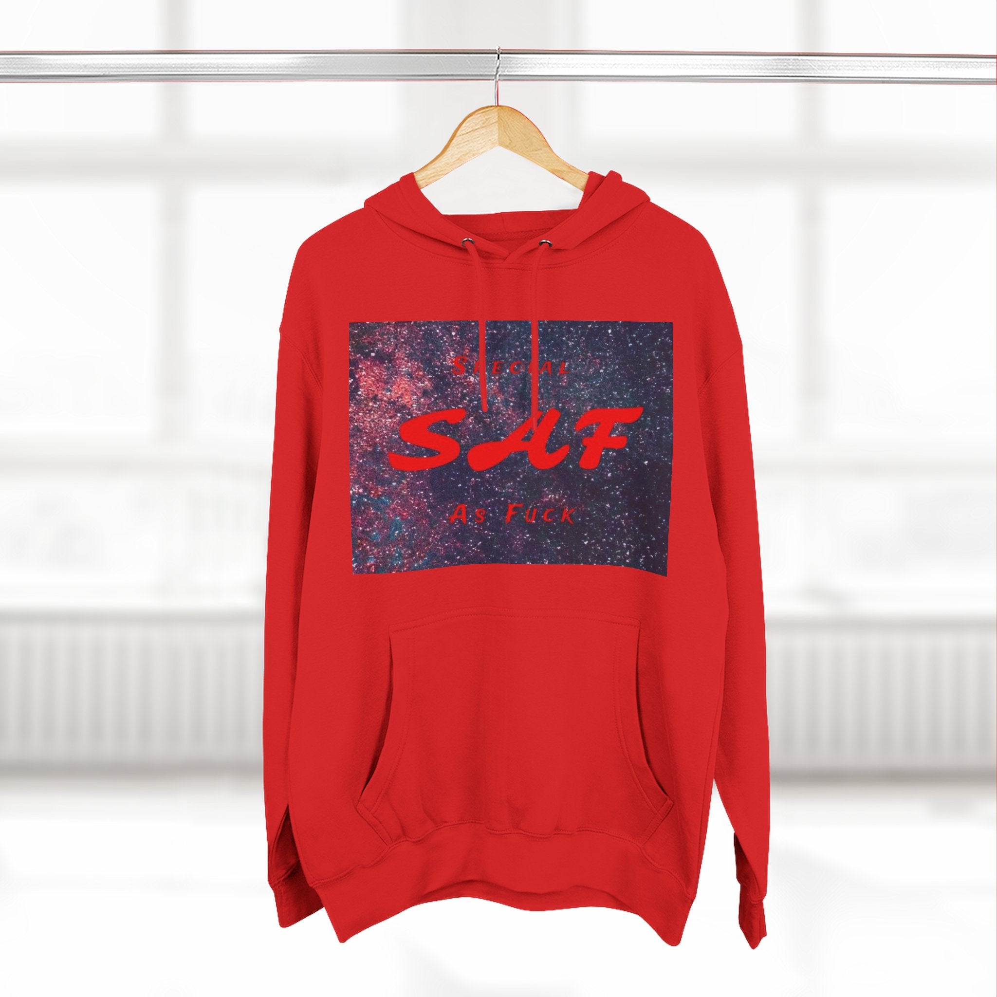 SAF Galaxy Panel Hoodie — Graphic Fleece Pullover with Red Script