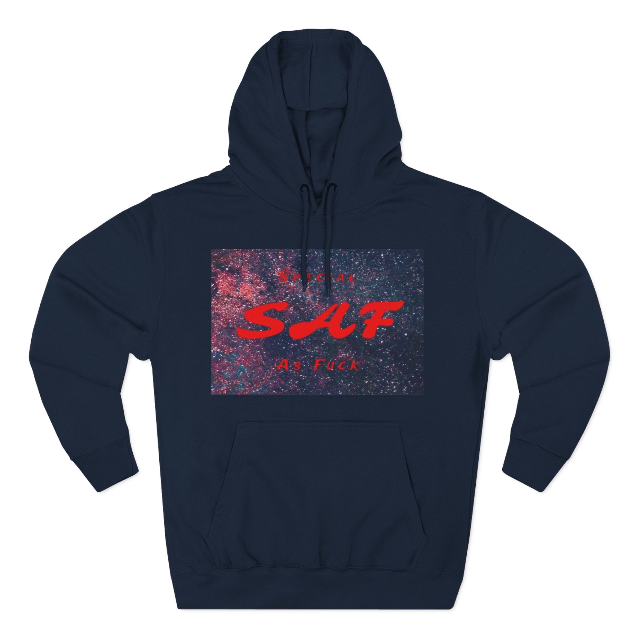 SAF Galaxy Panel Hoodie — Graphic Fleece Pullover with Red Script