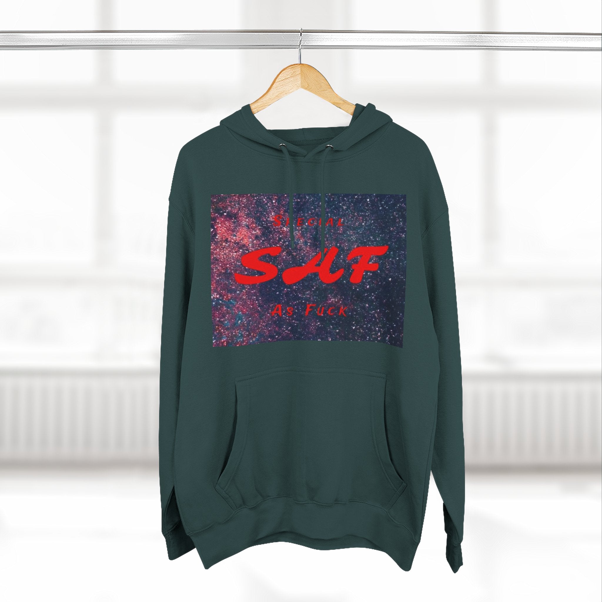 SAF Galaxy Panel Hoodie — Graphic Fleece Pullover with Red Script