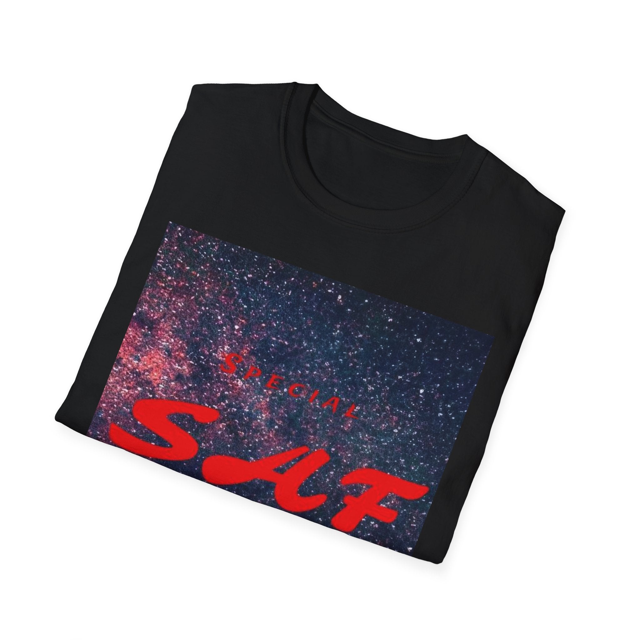 SAF Red Script Galaxy T-Shirt — Space Graphic Tee with 'SAF' Design