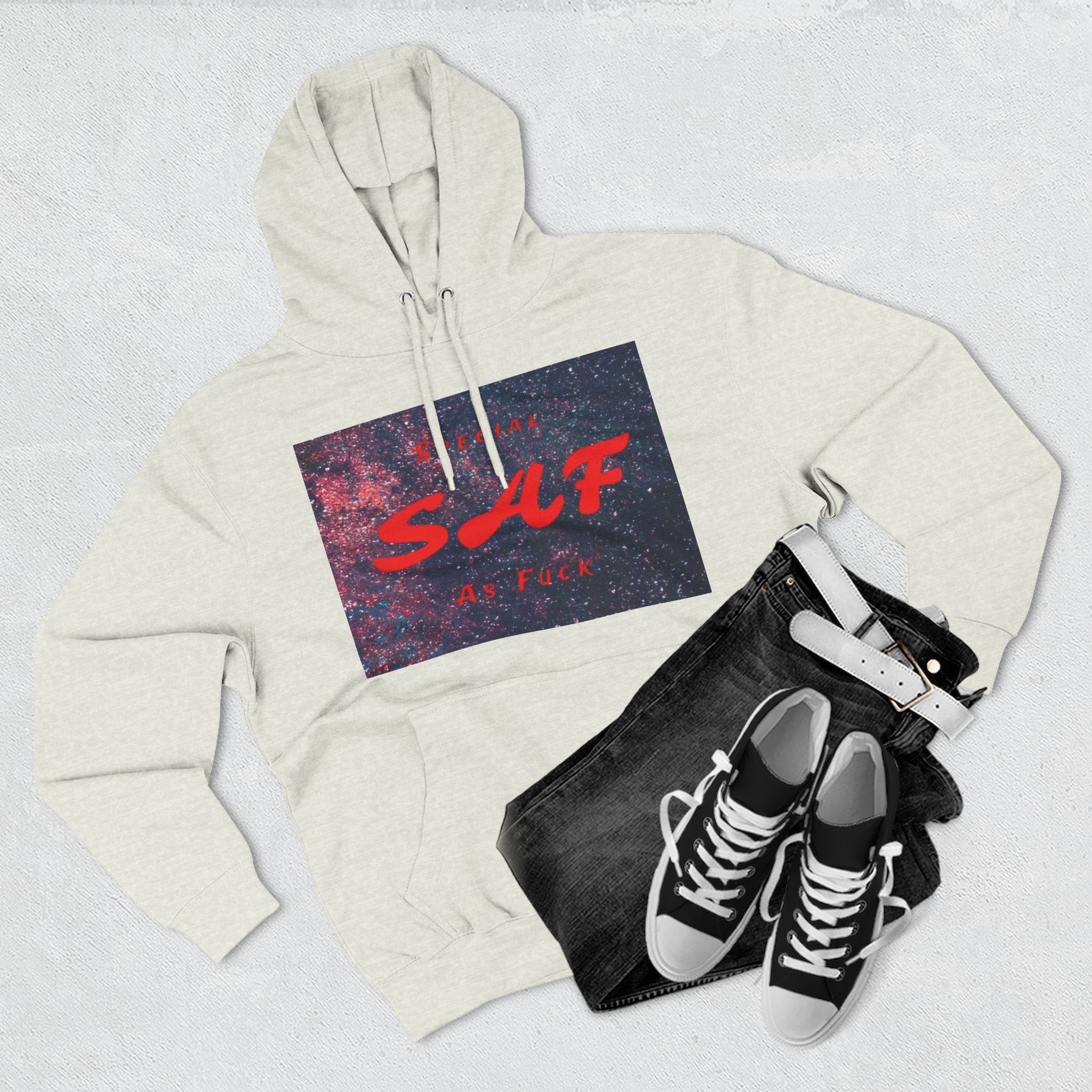 SAF Galaxy Panel Hoodie — Graphic Fleece Pullover with Red Script