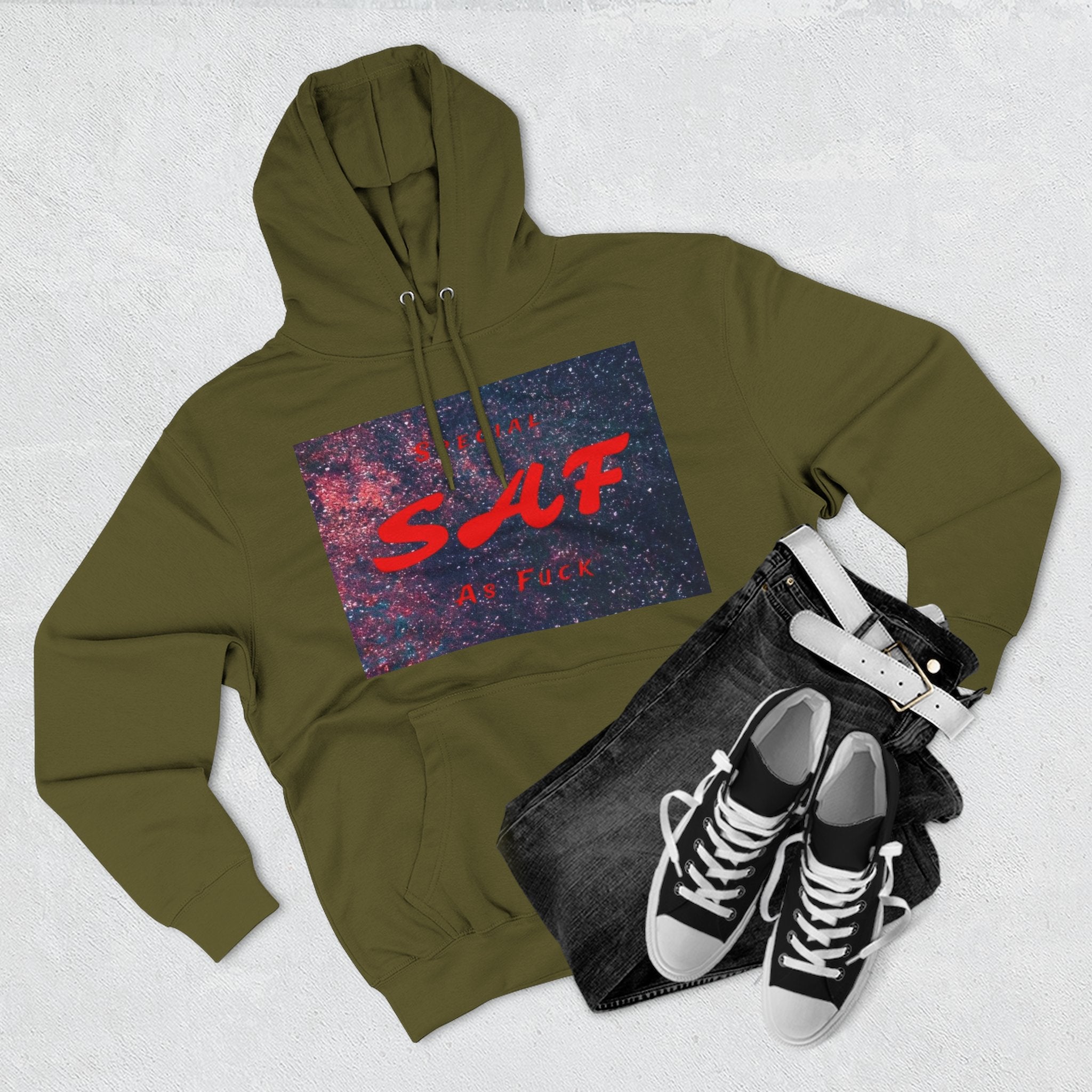 SAF Galaxy Panel Hoodie — Graphic Fleece Pullover with Red Script